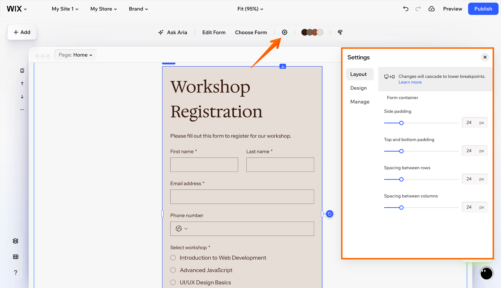 Wix Editor displaying registration form layout settings with padding and spacing controls
