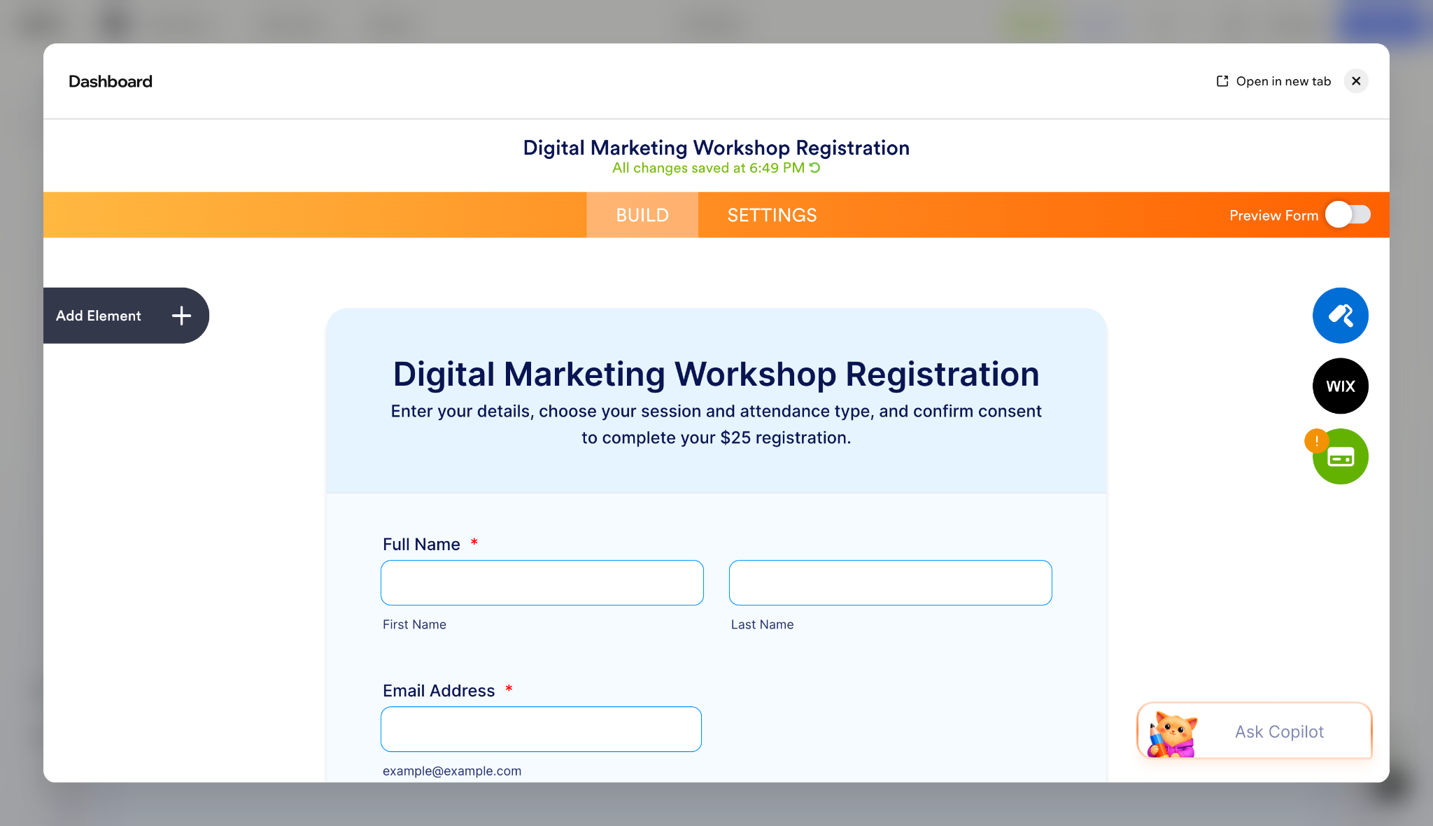 Jotform Form Builder displaying an AI-generated digital marketing workshop registration form