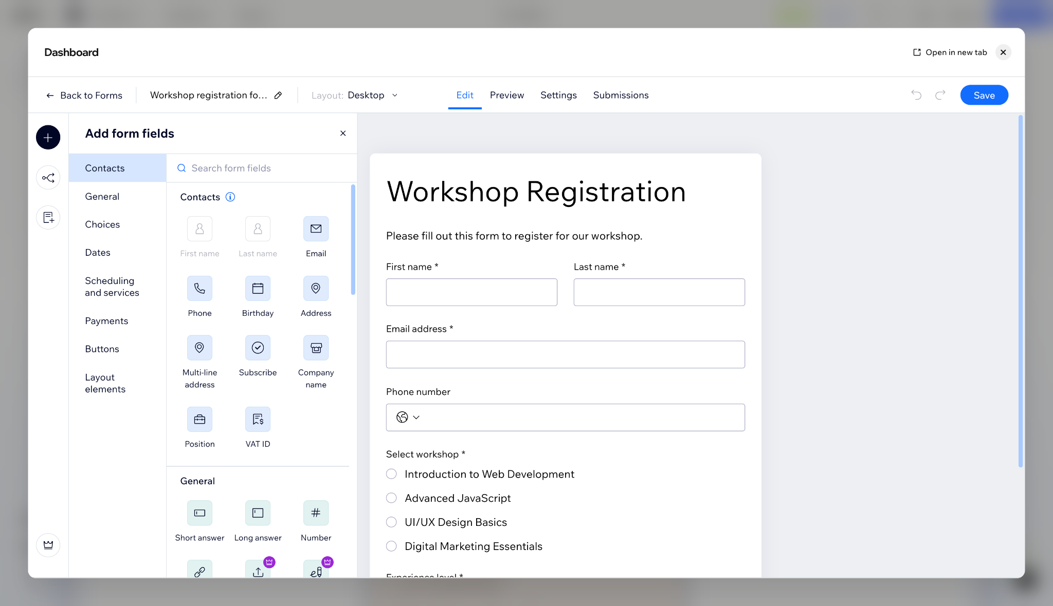 Wix Forms editor showing registration fields and available form elements in the sidebar