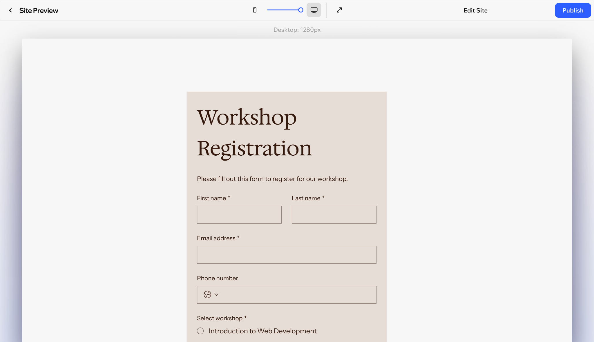 Wix site preview showing a workshop registration form with attendee information fields