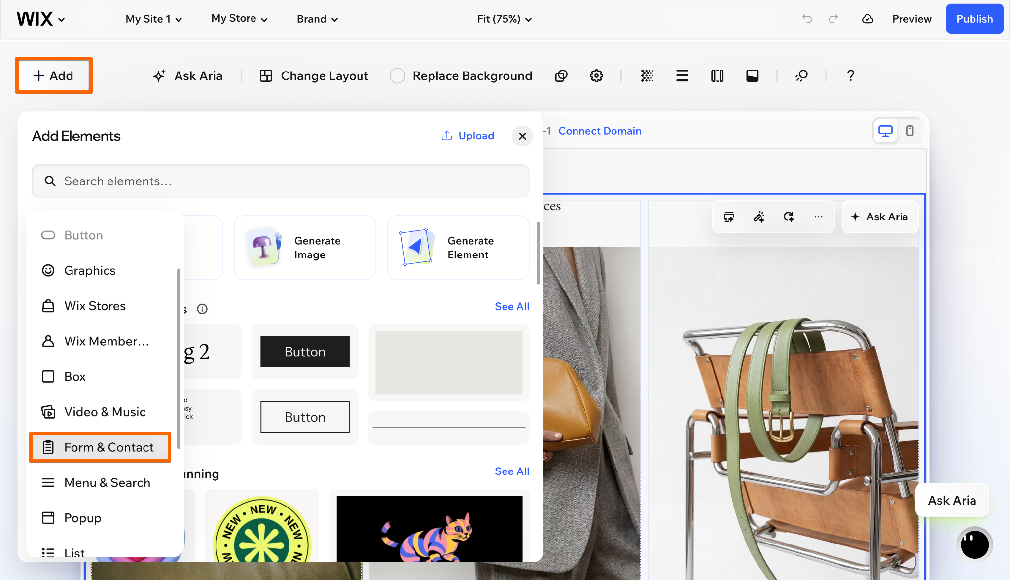 Wix Editor Add Elements panel showing the Form & Contact category highlighted