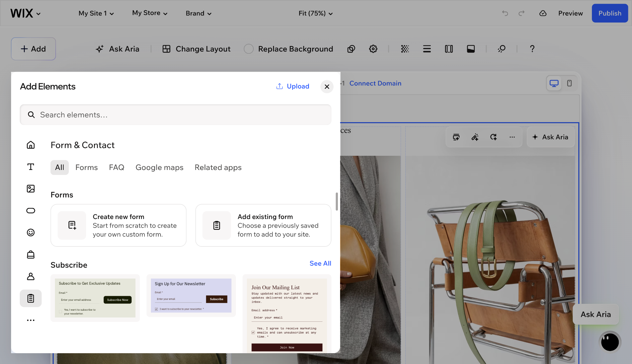 Wix Forms panel offering options to create a form or add an existing form
