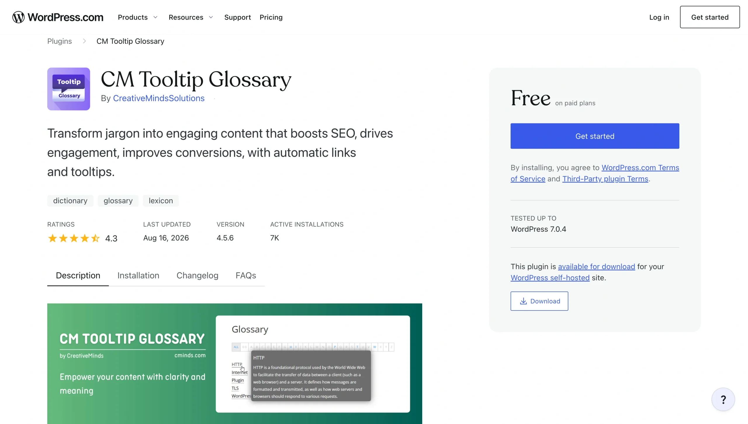 CM Tooltip Glossary WordPress plugin page showing ratings, description, and download options
