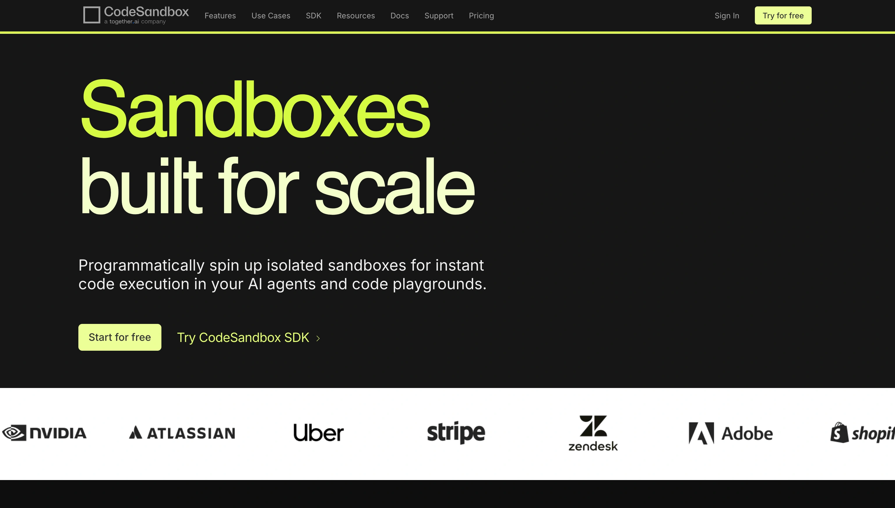 Screenshot of the CodeSandbox landing page, showing a headline "Sandboxes built for scale"