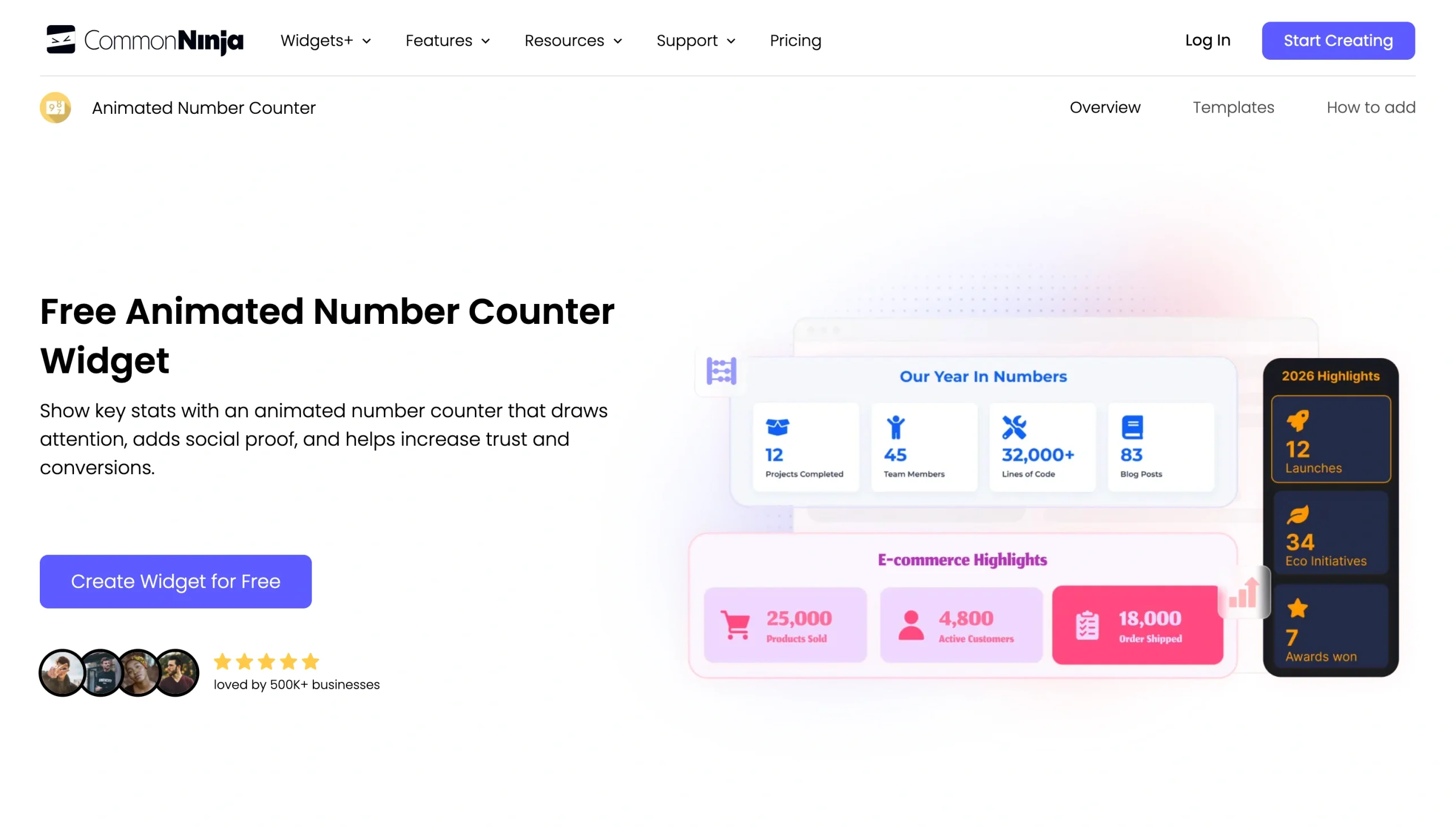 Screenshot of the Common Ninja's Animated Number Counter landing page