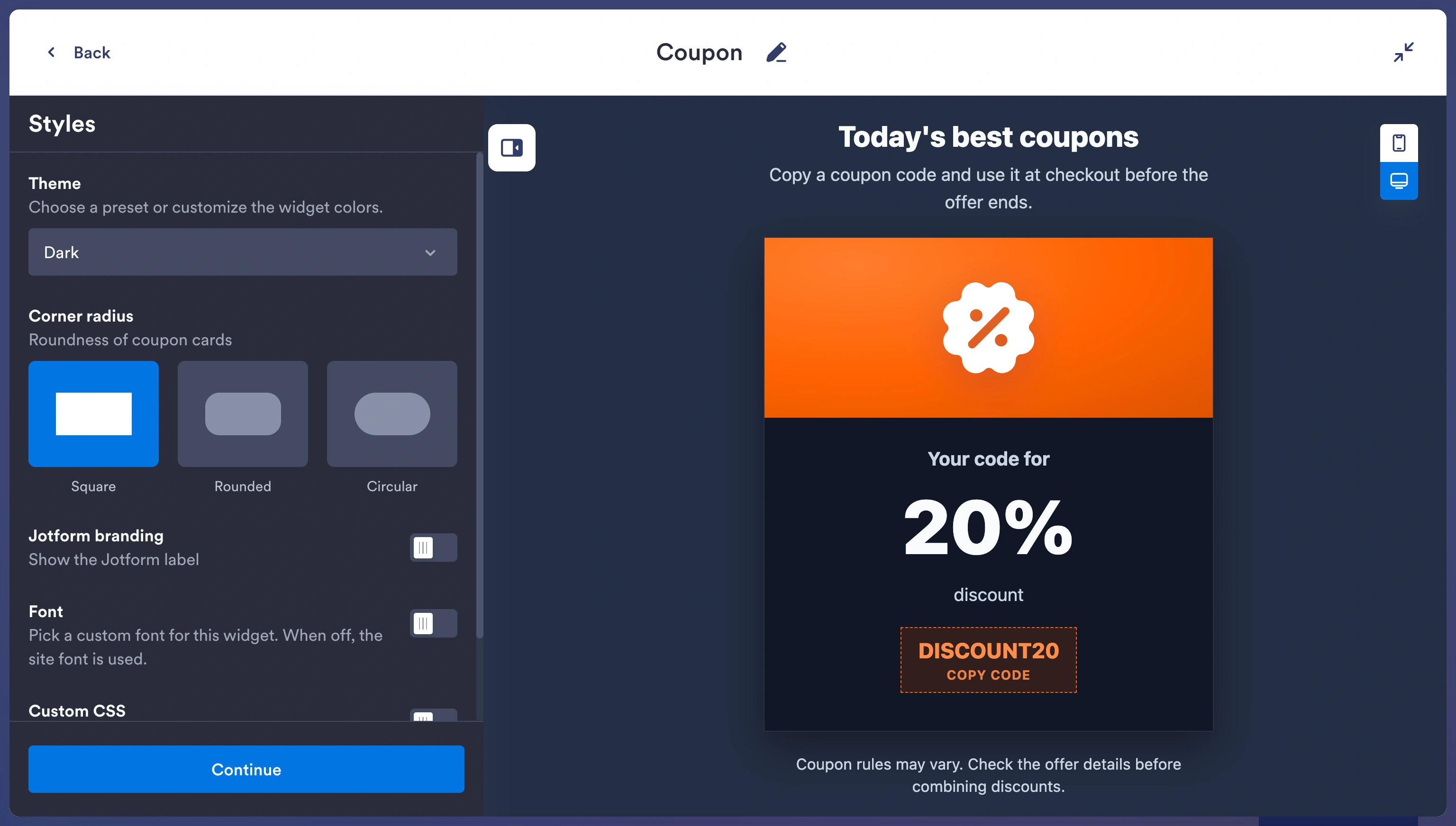 Coupon customization screen showing style options and a dark-themed 20% discount coupon preview