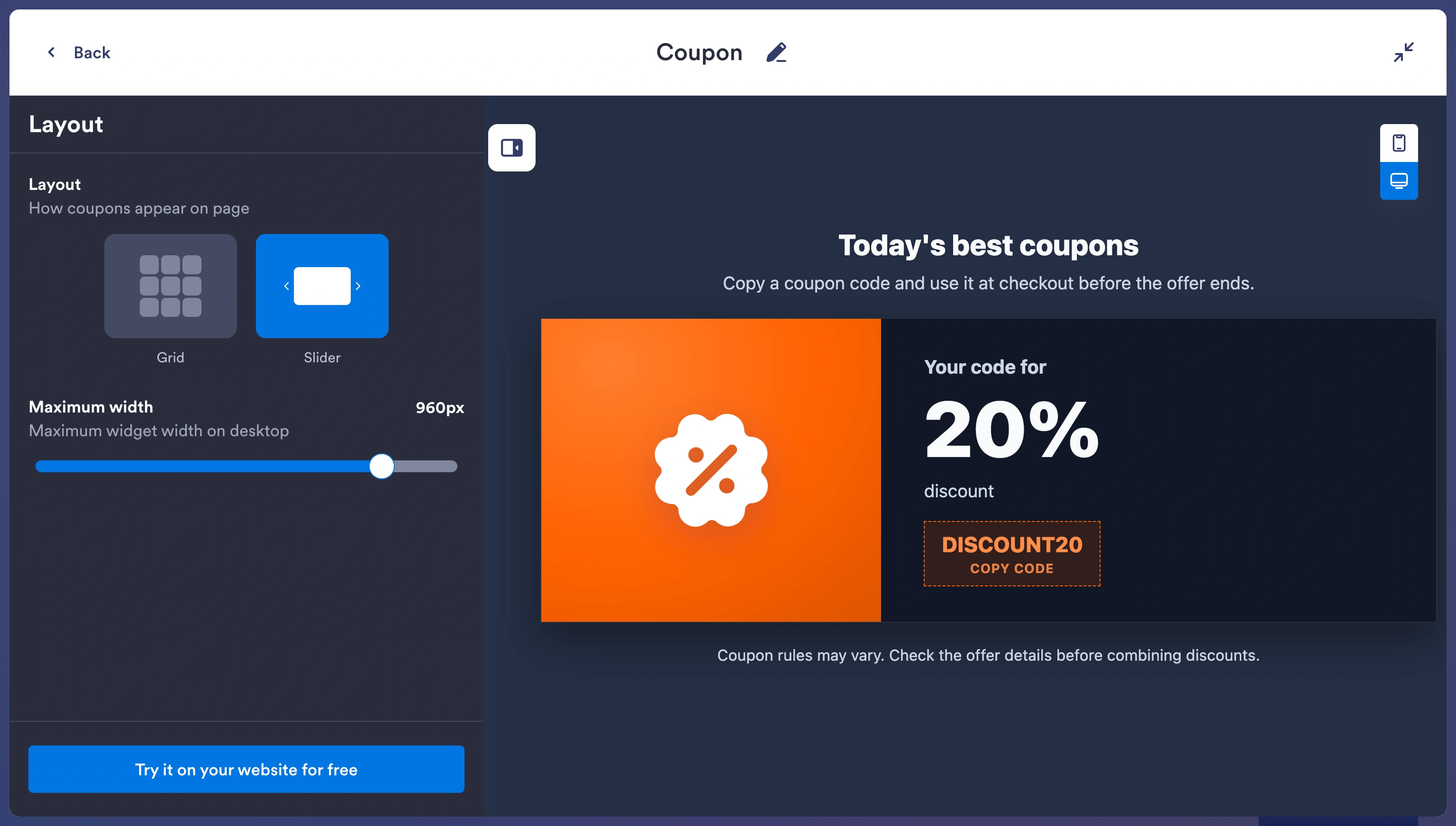 Coupon layout settings showing a horizontal 20% discount coupon design