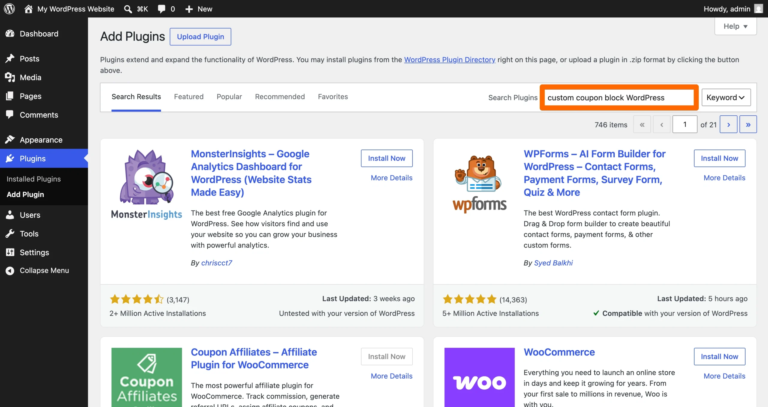 WordPress dashboard showing the Add Plugins page with the plugin search box highlighted