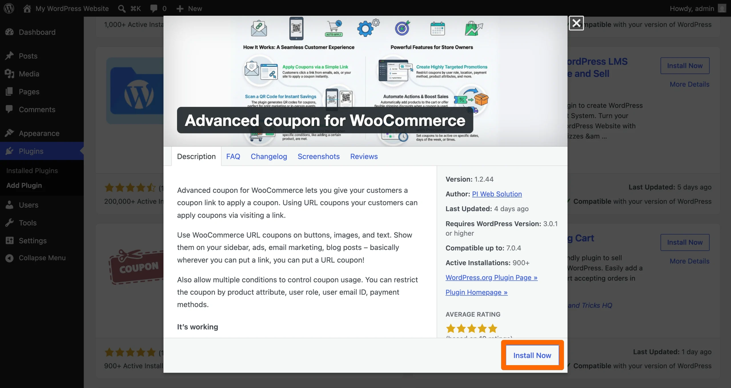 Advanced coupon for WooCommerce plugin details window with the Install Now button highlighted