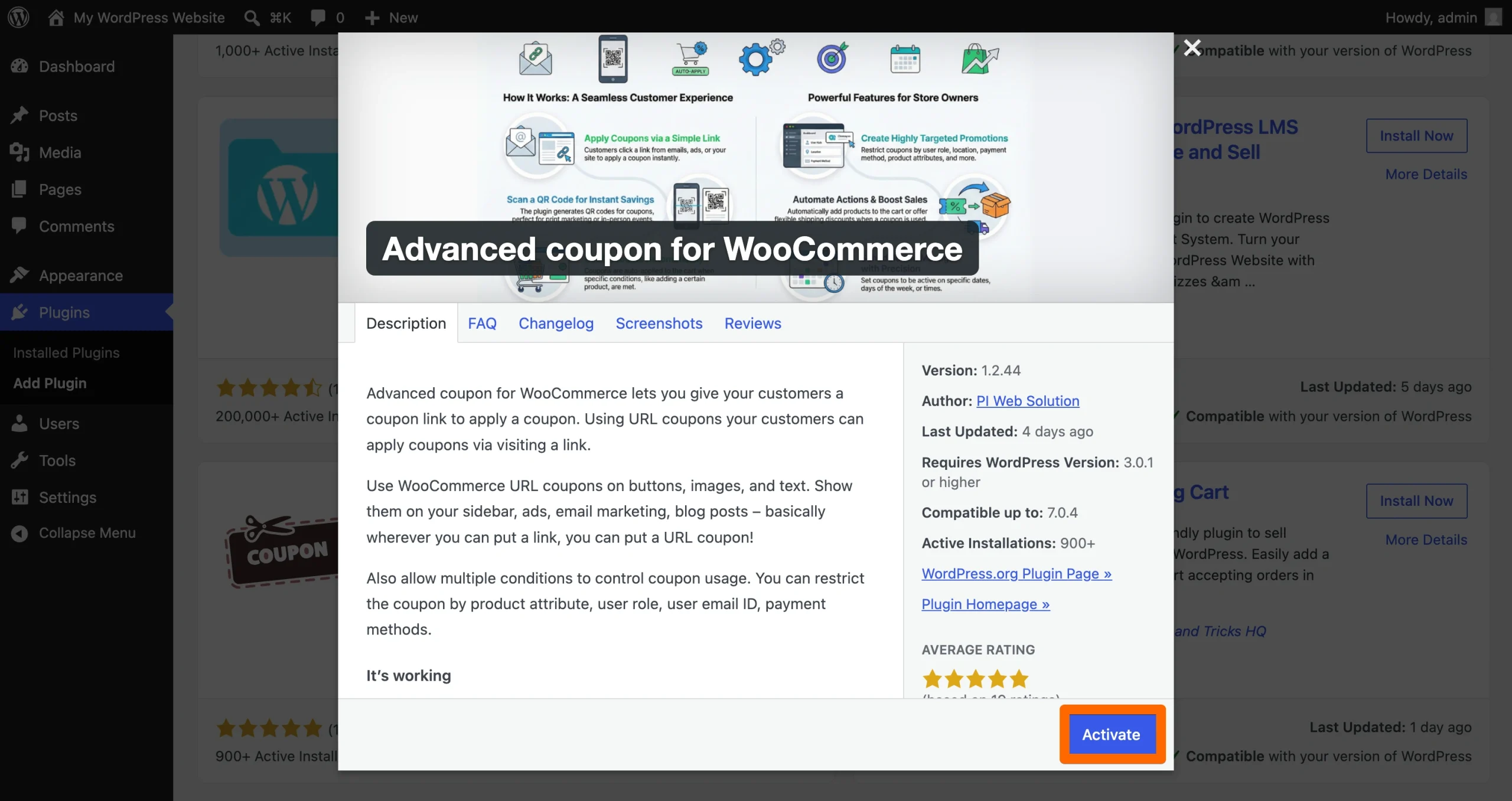 Advanced coupon for WooCommerce plugin details window with the Activate button highlighted
