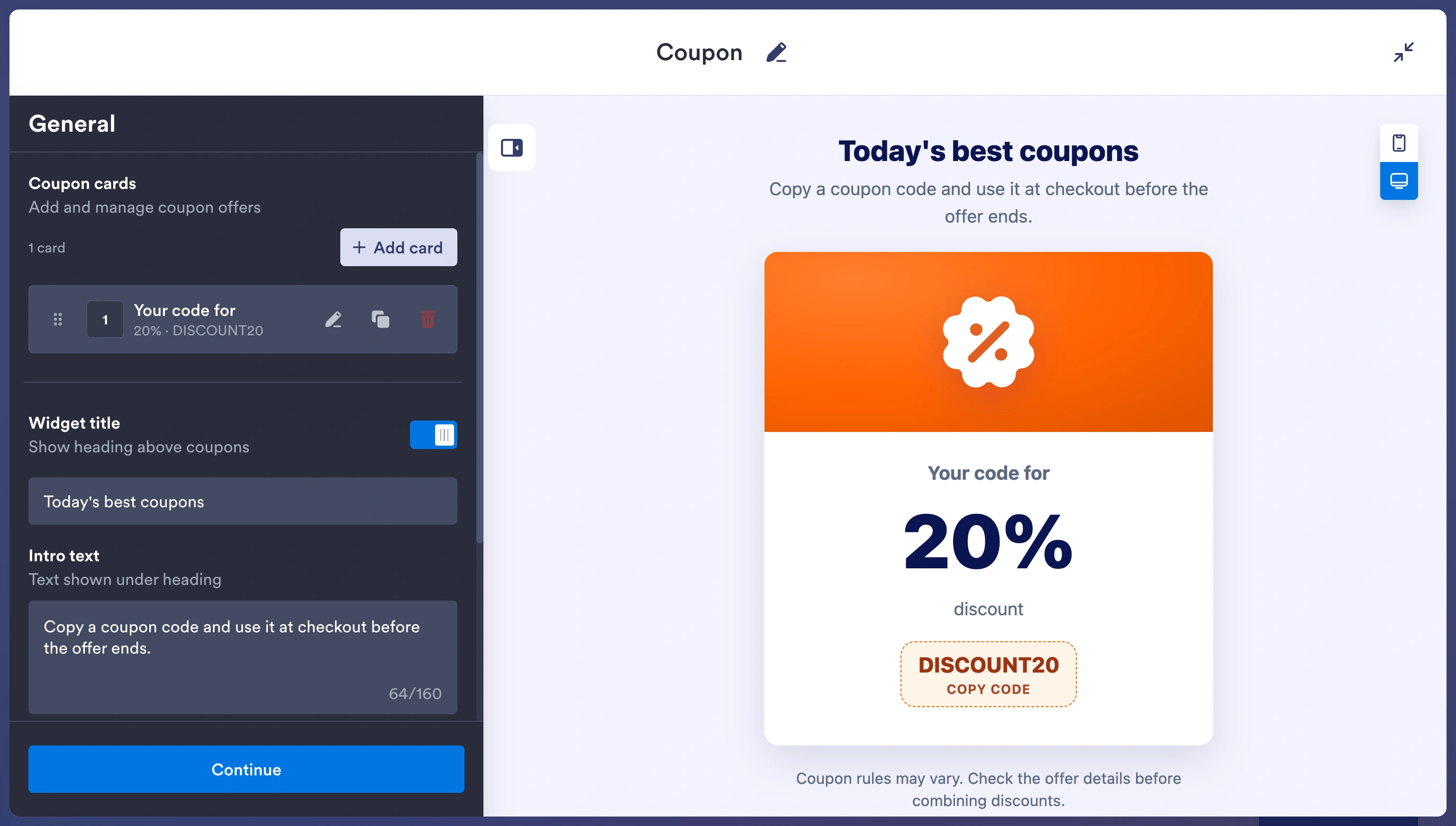 Jotform Coupon Widget editor showing a 20% discount coupon preview and general settings panel