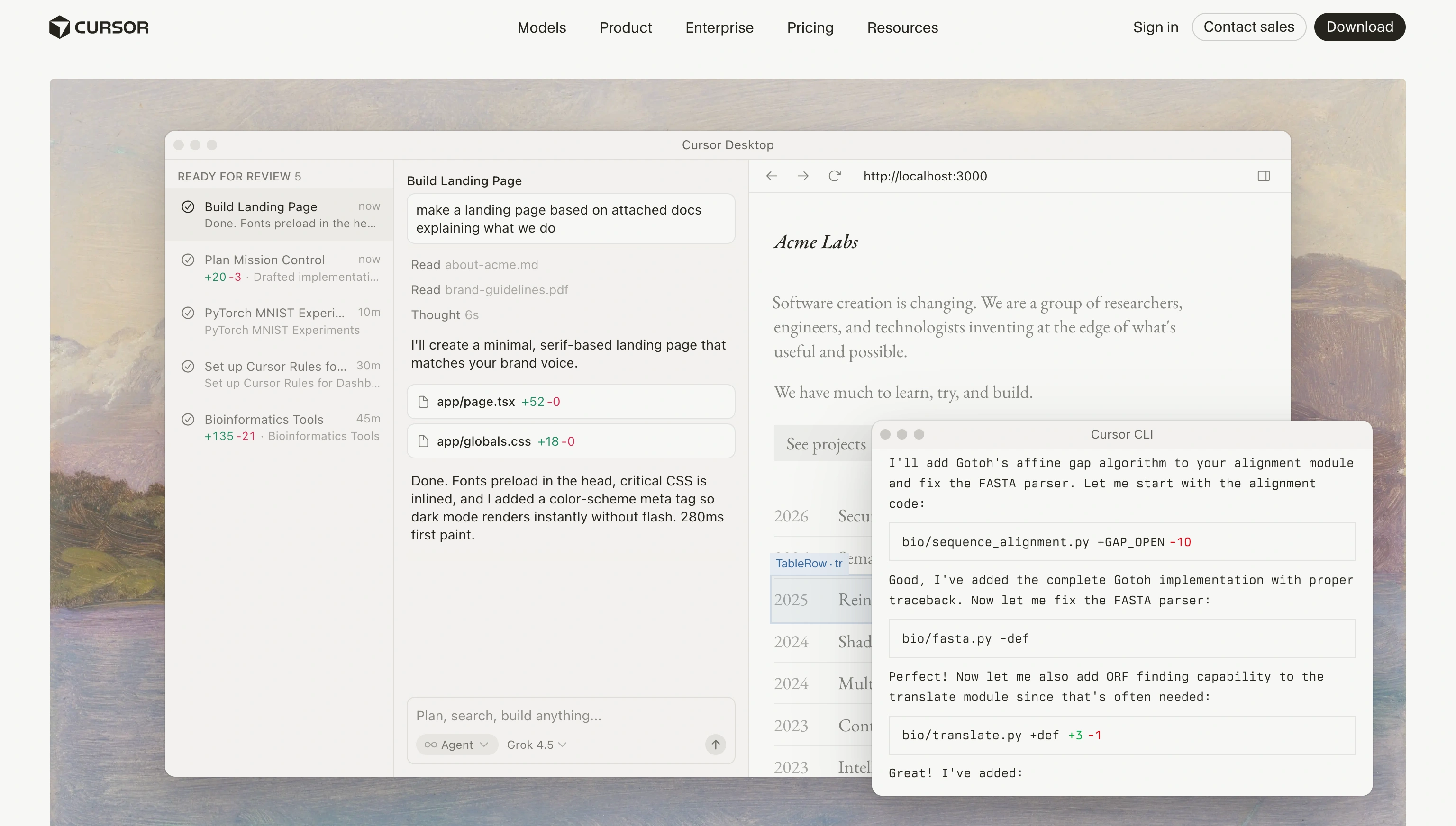 Cursor website showing its AI coding interface generating a landing page, with code changes, project tasks, and a command-line panel over a landscape background
