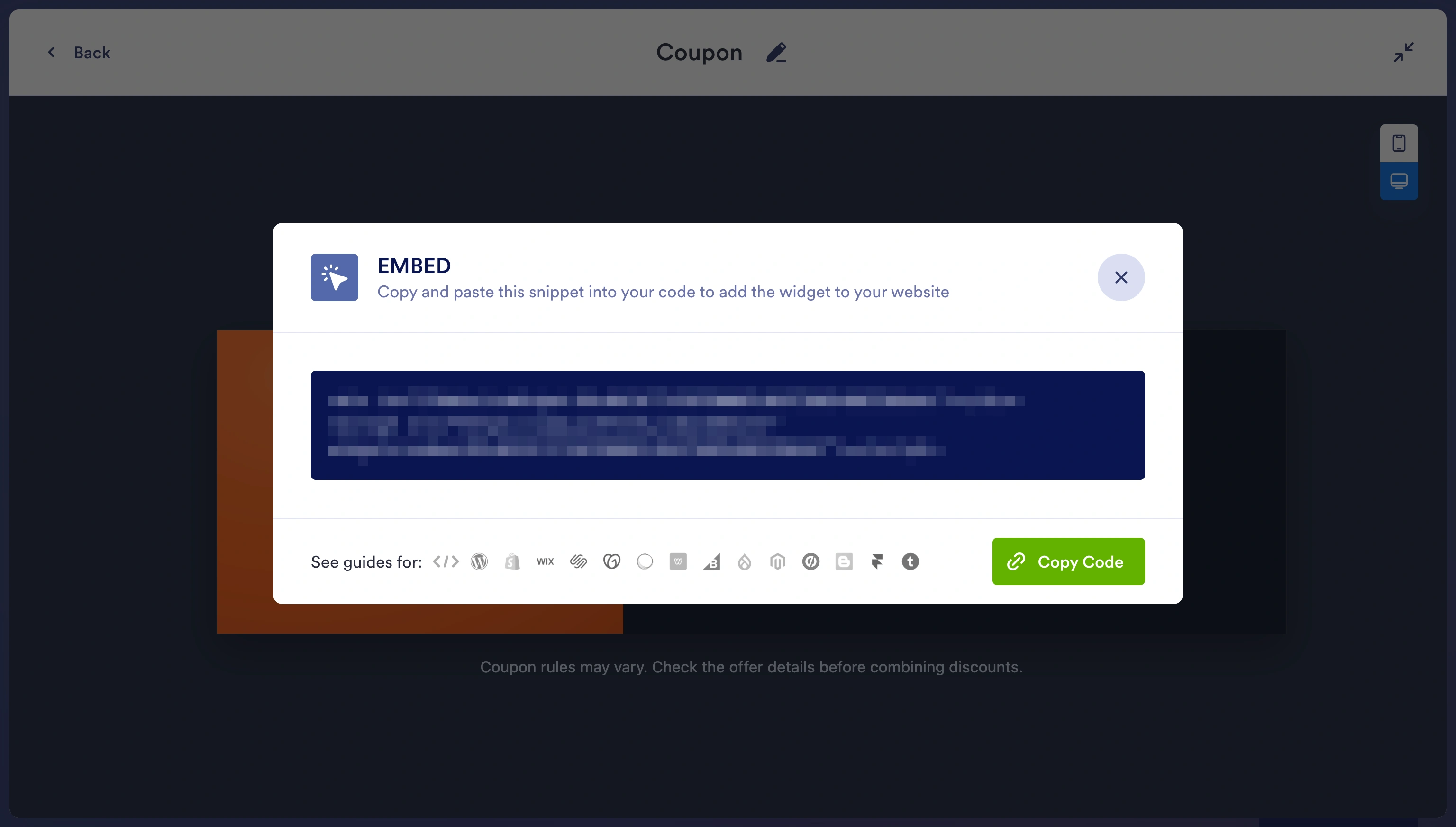 Jotform embed window displaying the generated coupon code with the Copy Code button