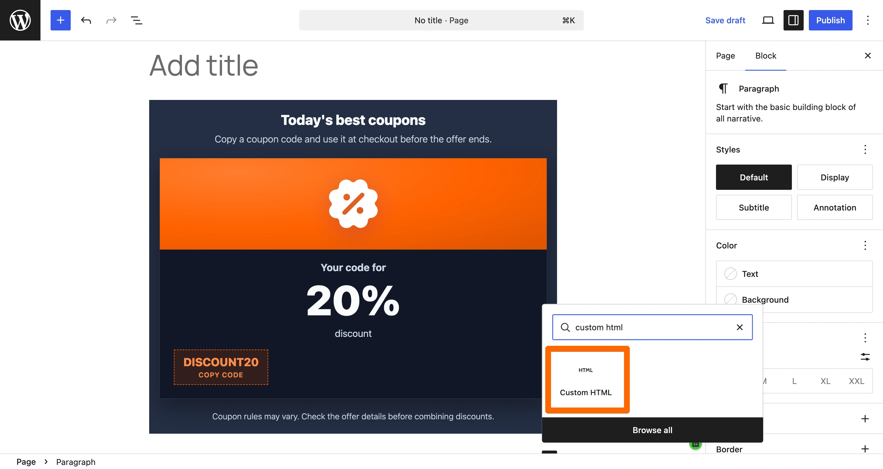 WordPress editor showing the coupon embedded in a page using a Custom HTML block
