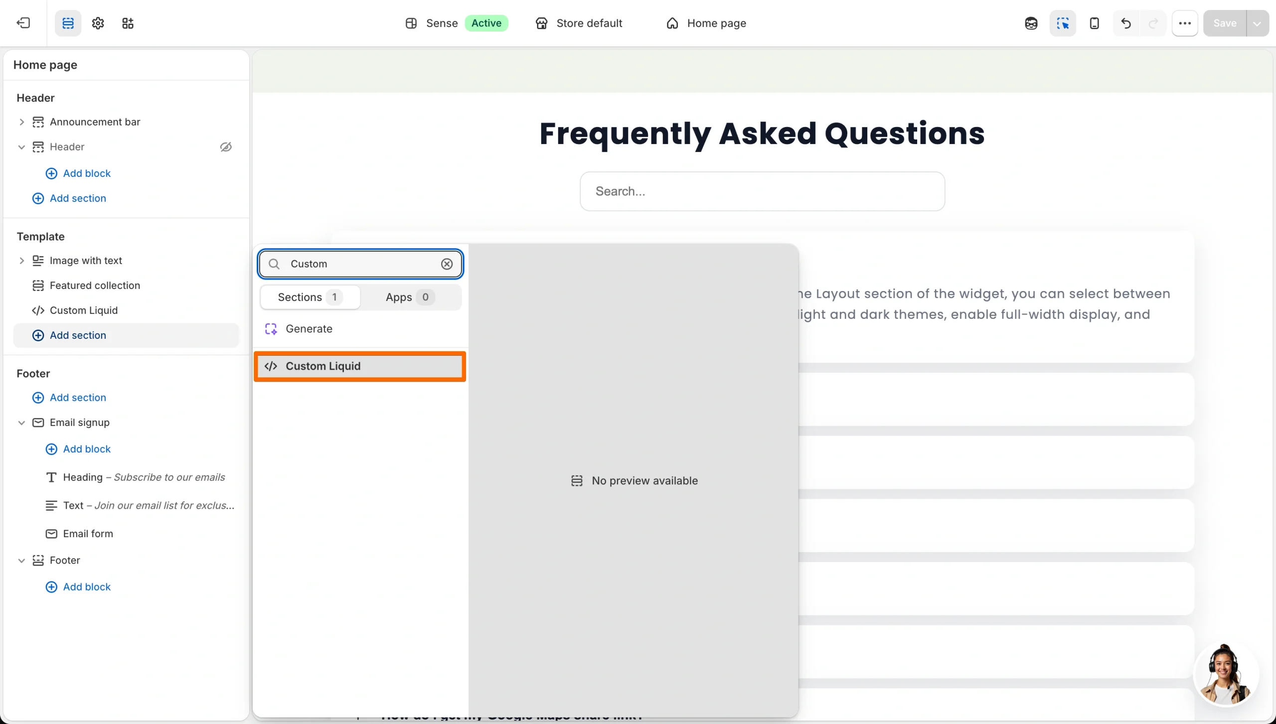 Shopify theme editor showing a custom liquid block added to an FAQ page