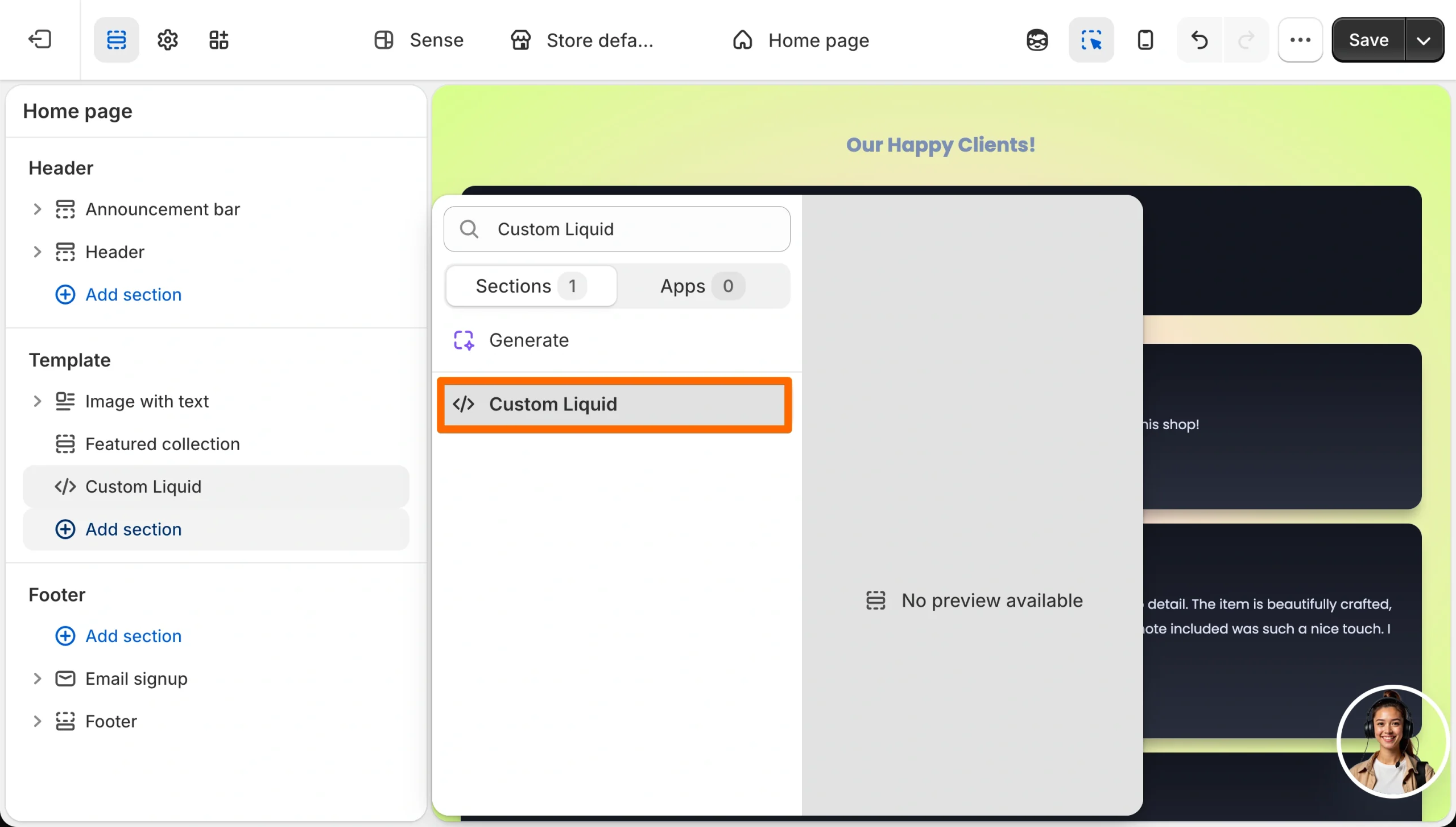 Shopify theme editor showing the Custom Liquid section for adding review code