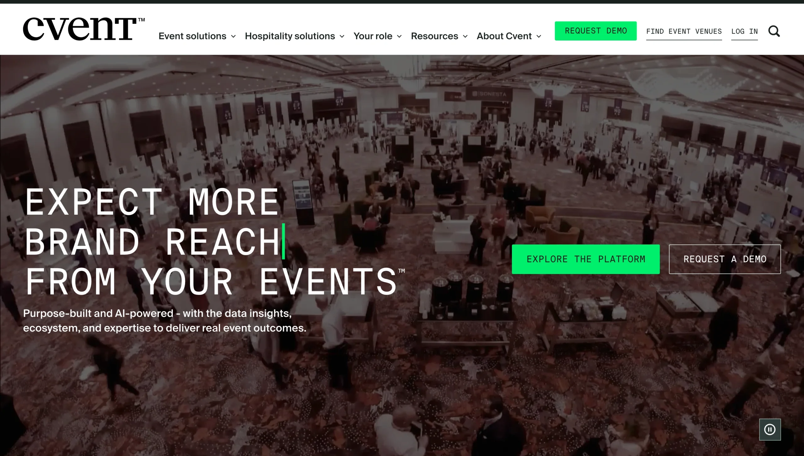 Screenshot of the Cvent landing page, showing a headline "Expect more brand reach from your events