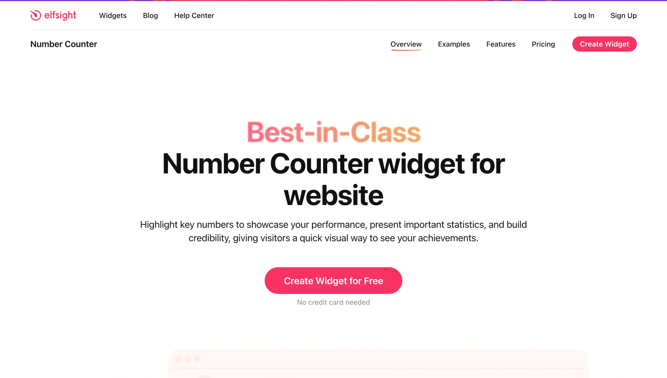 Screenshot of the Elfsight Number Counter landing page, showing a headline "Best-in-Class Number Counter widget for website"