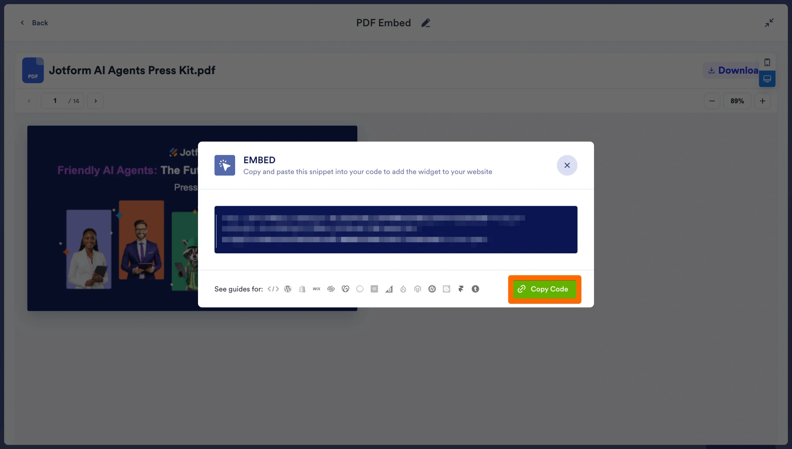 Embed code window with the Copy Code button highlighted