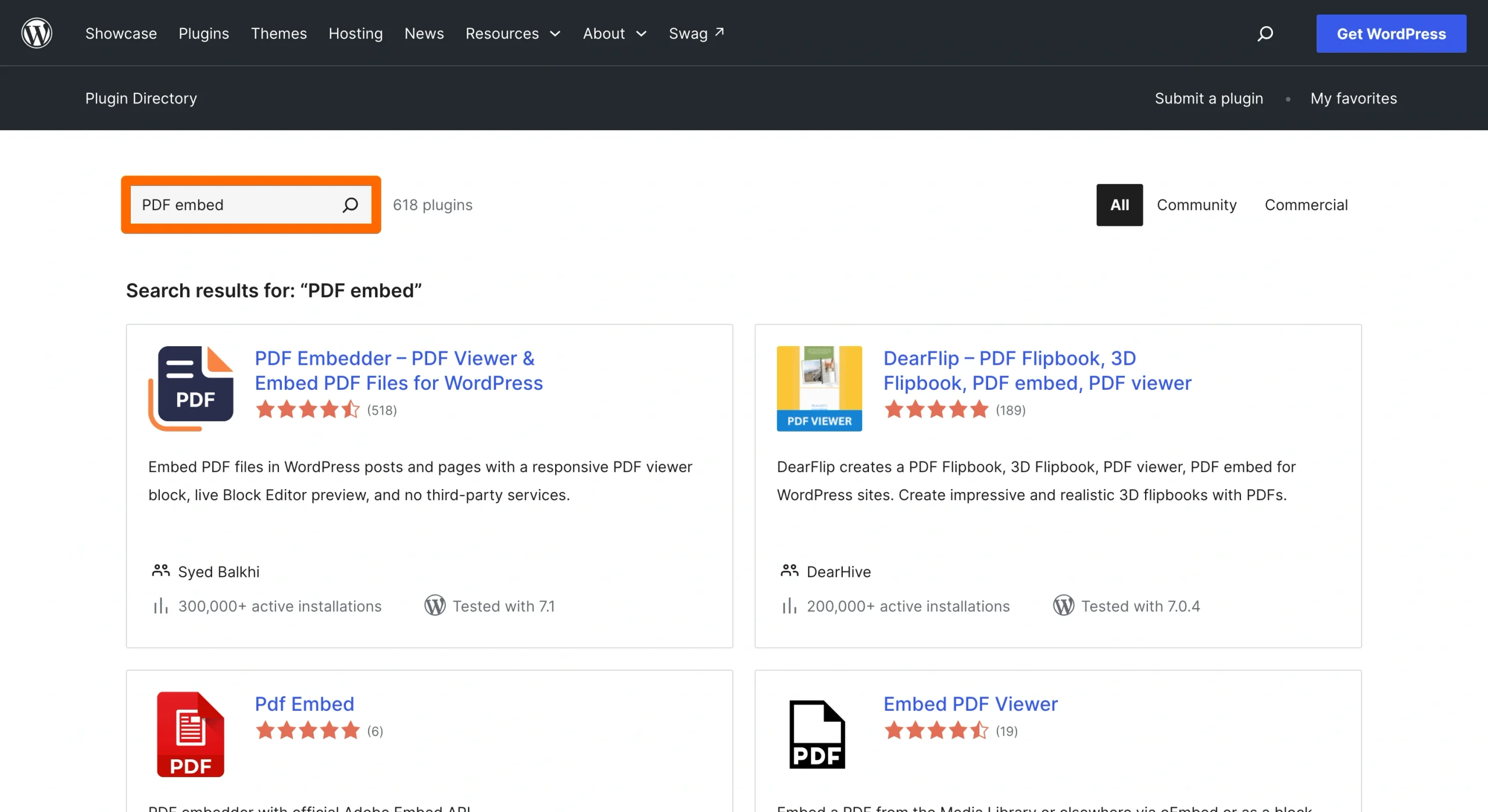 WordPress Plugin Directory search results for PDF embed plug-ins