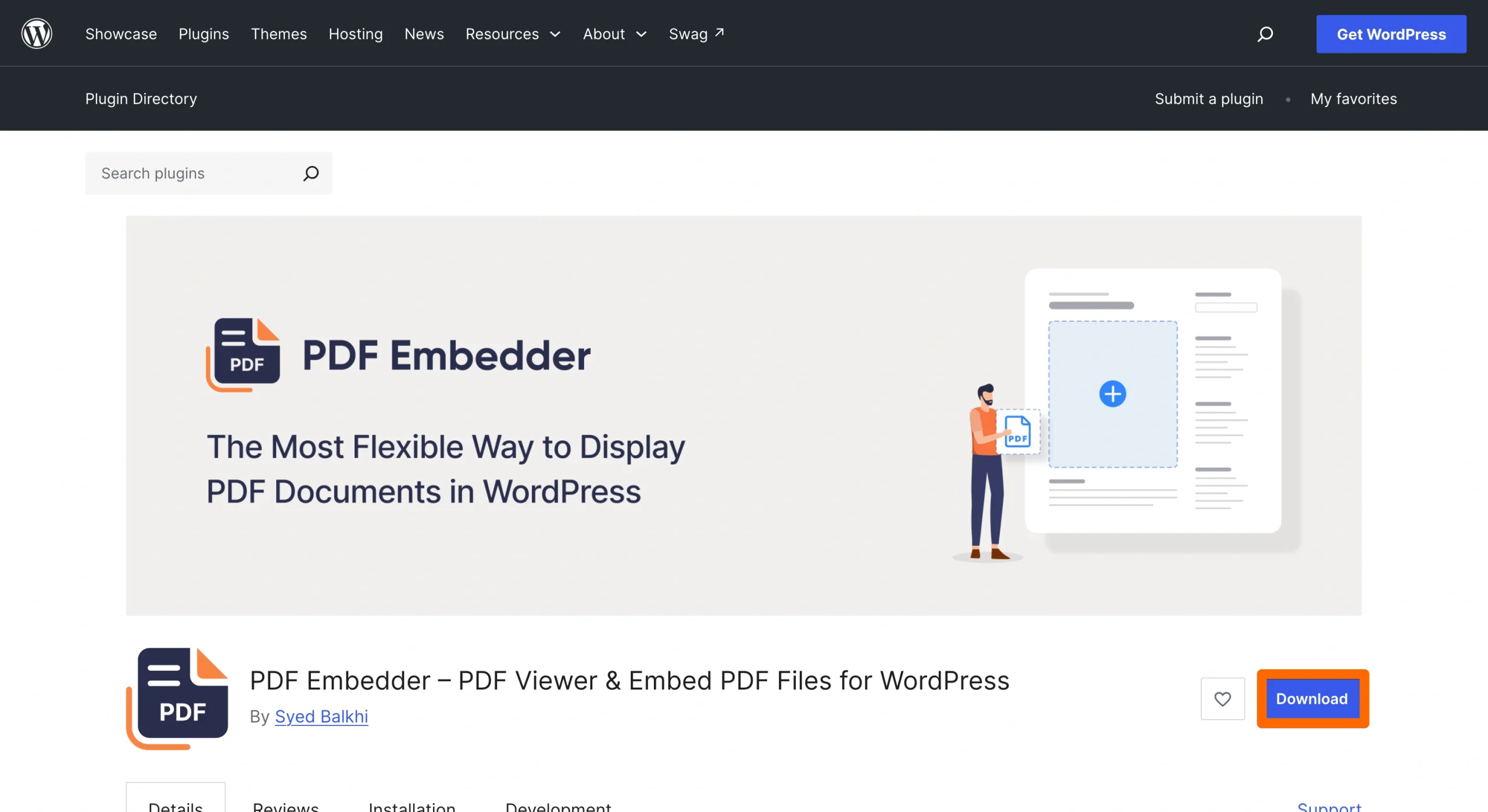 PDF Embedder plug-in page with the Download button highlighted