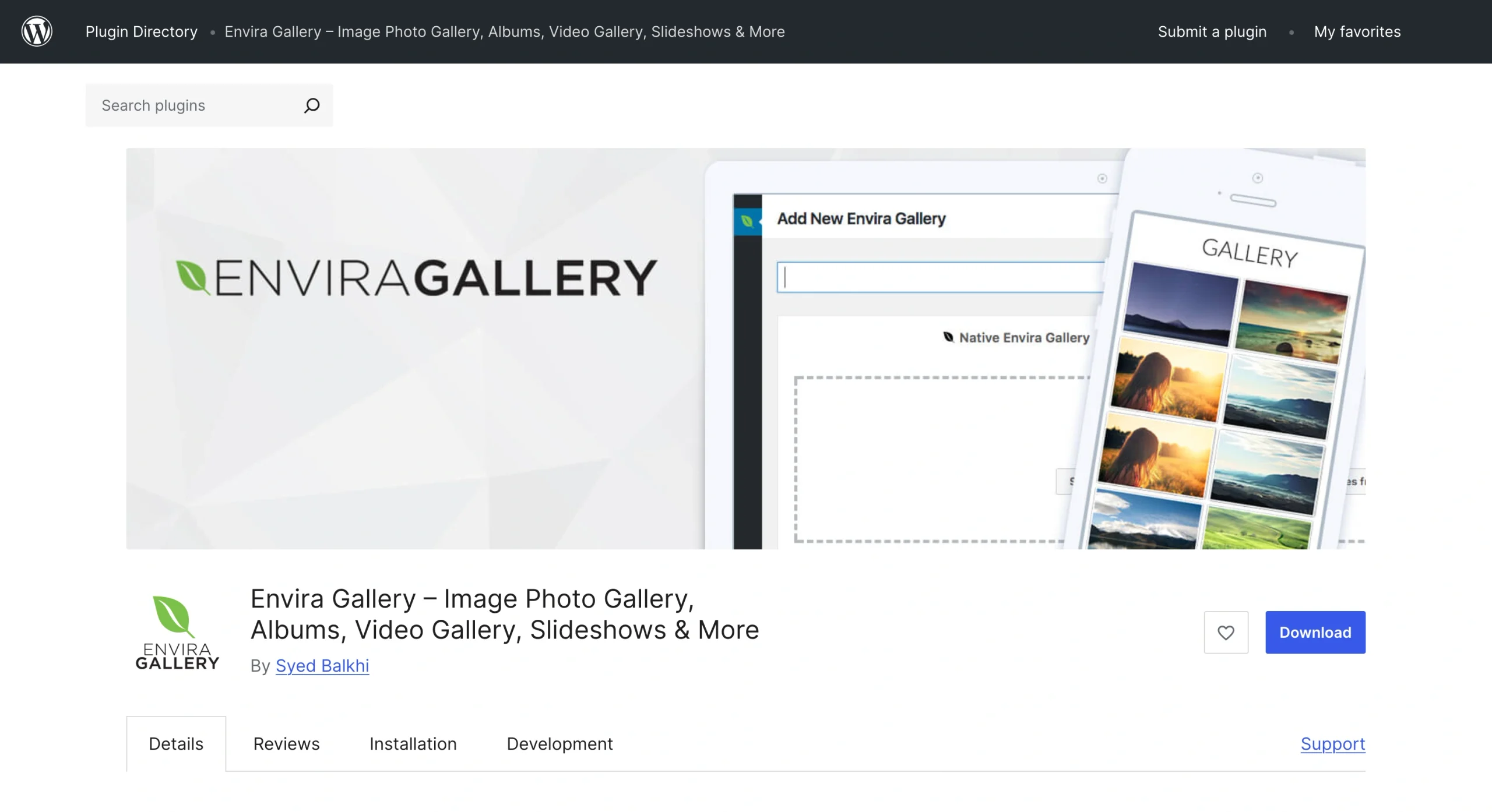 Screenshot of the Envira Gallery WordPress plug-in page