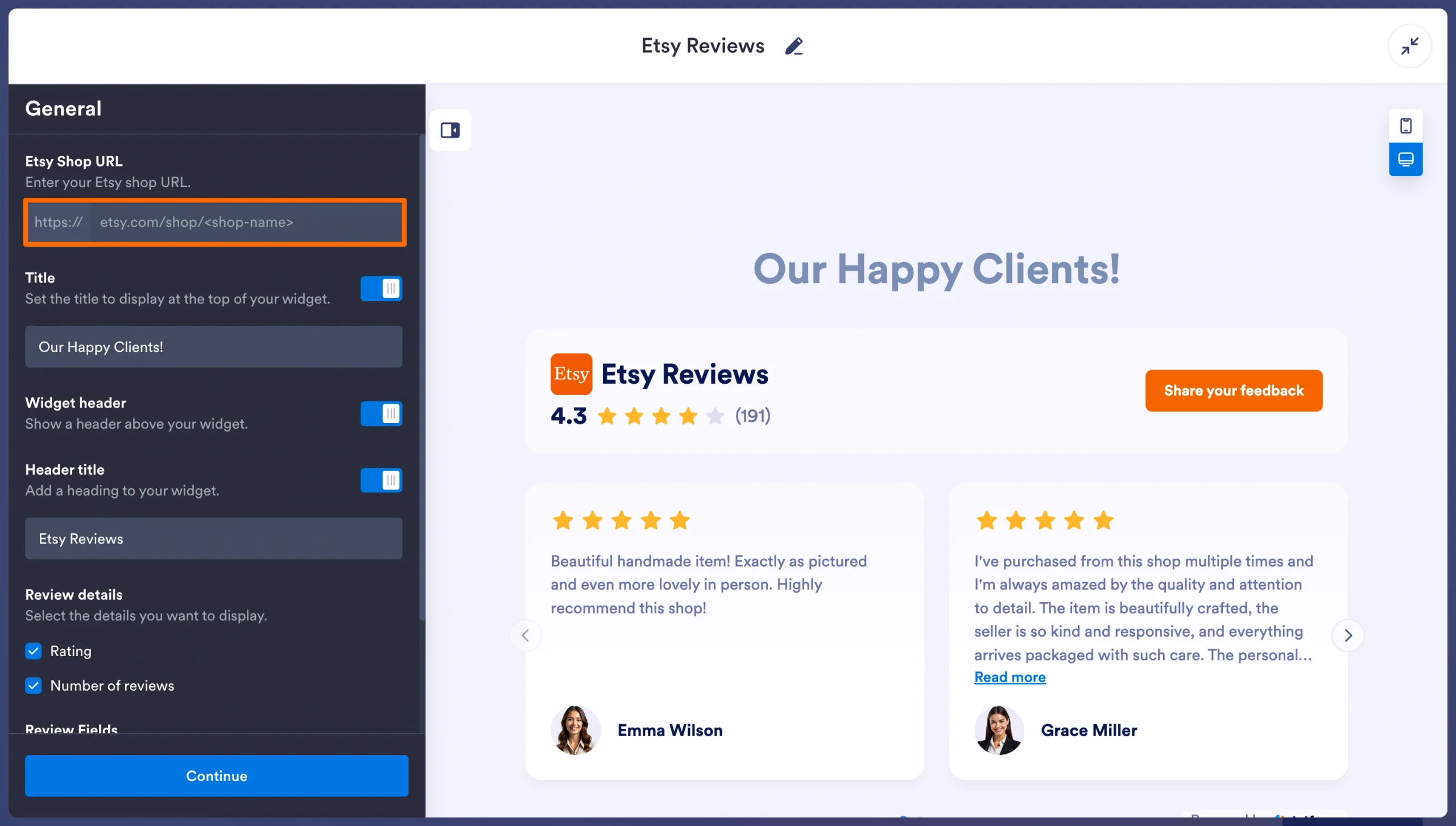 Jotform Etsy Reviews widget builder connected to an Etsy shop URL