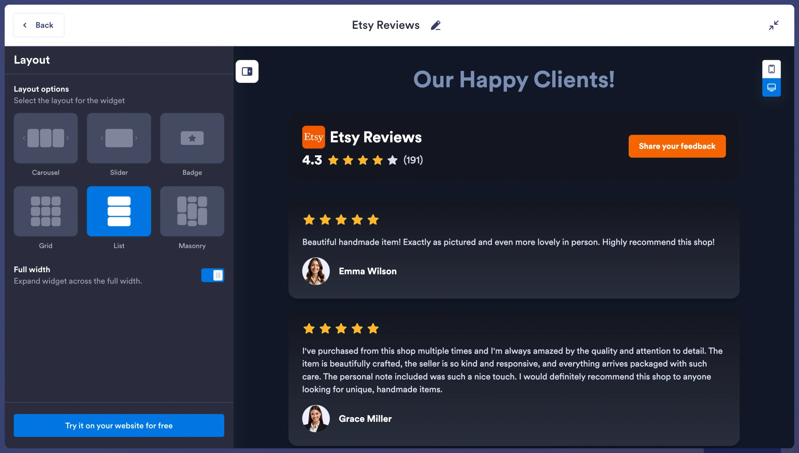 Etsy Reviews widget layout settings with carousel, slider, and list options