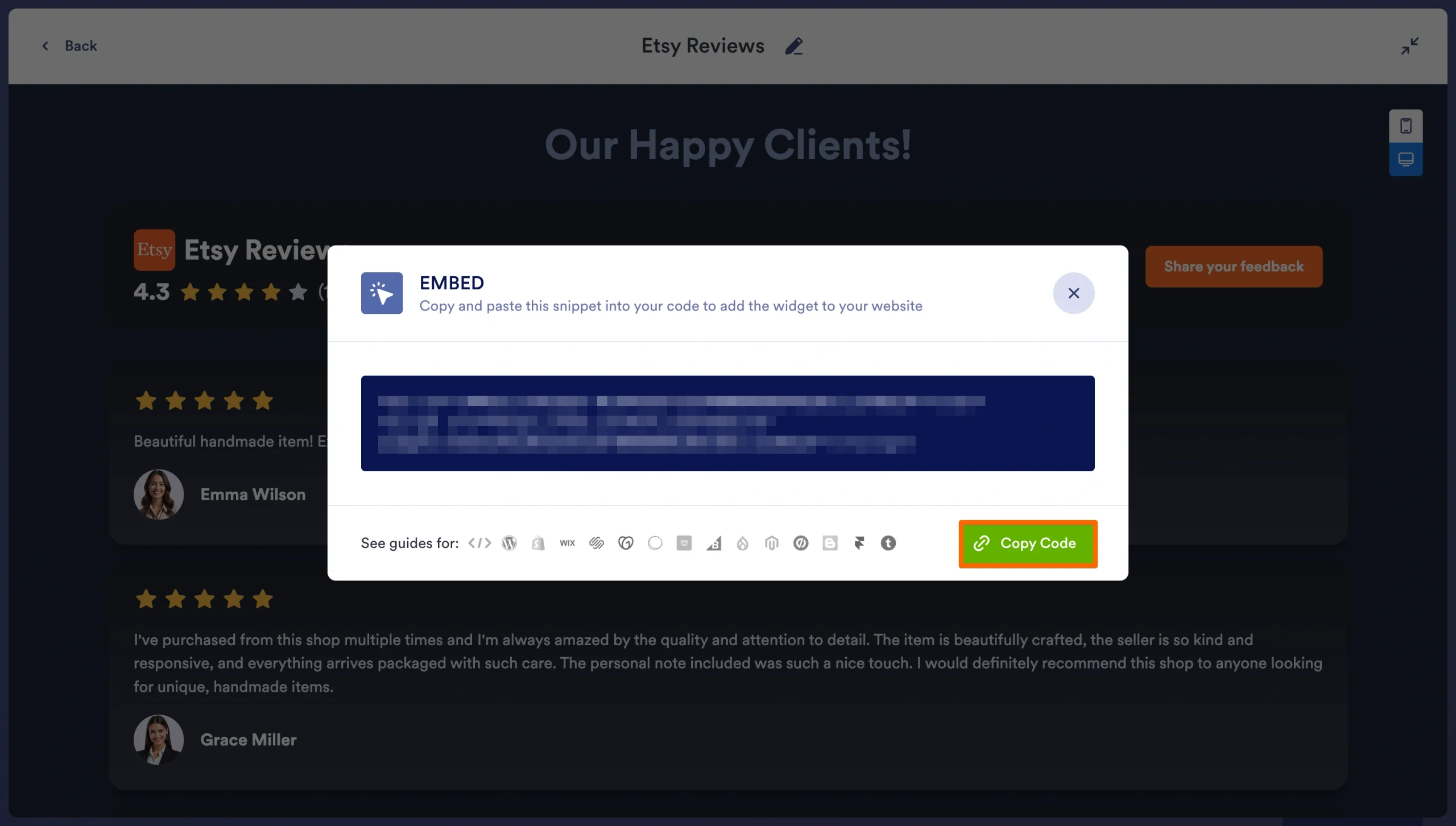 Embed code popup for copying the Etsy Reviews widget code