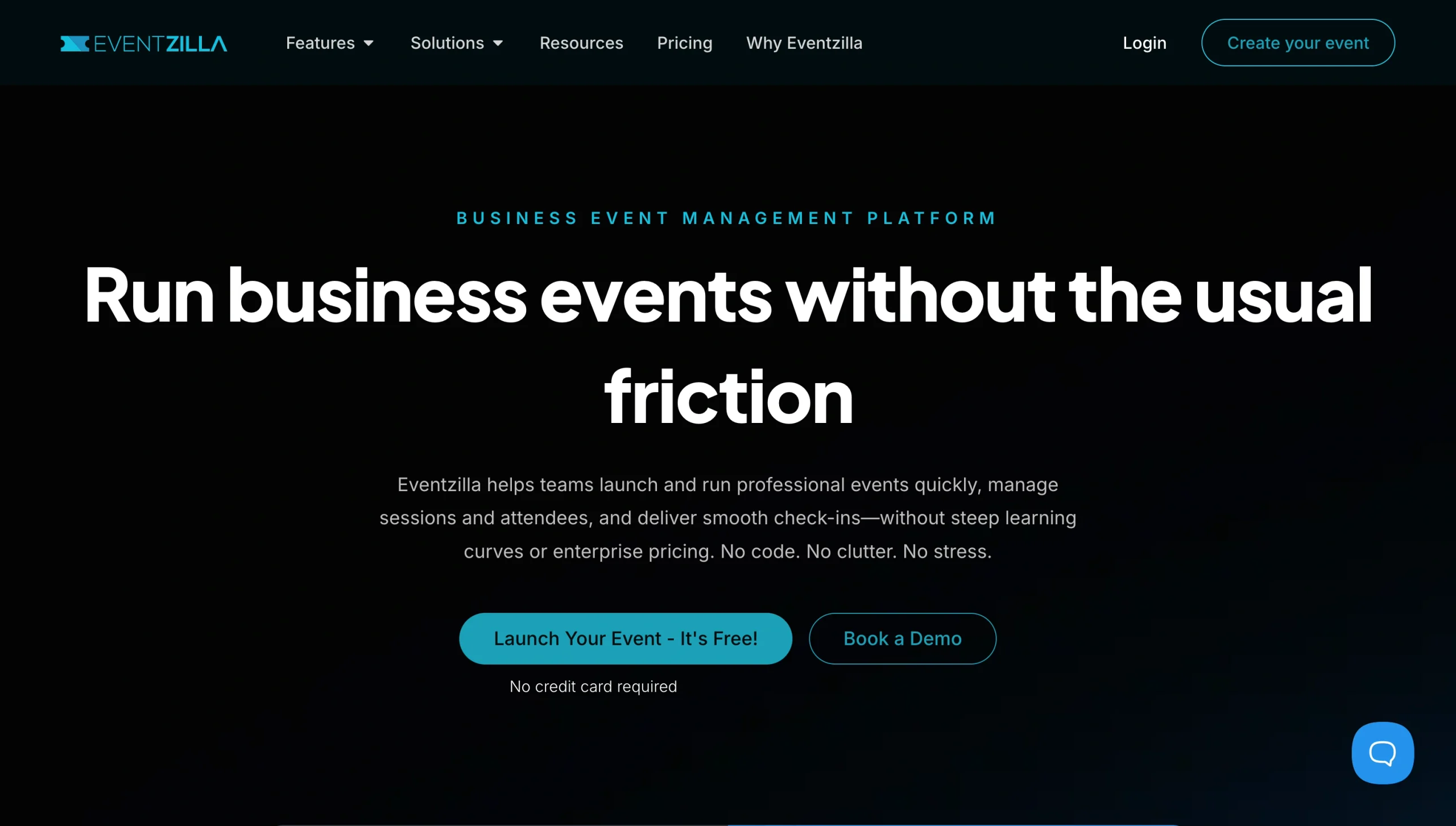 Screenshot of the EventZilla landing page, showing a headline "Run business events without the usual friction"