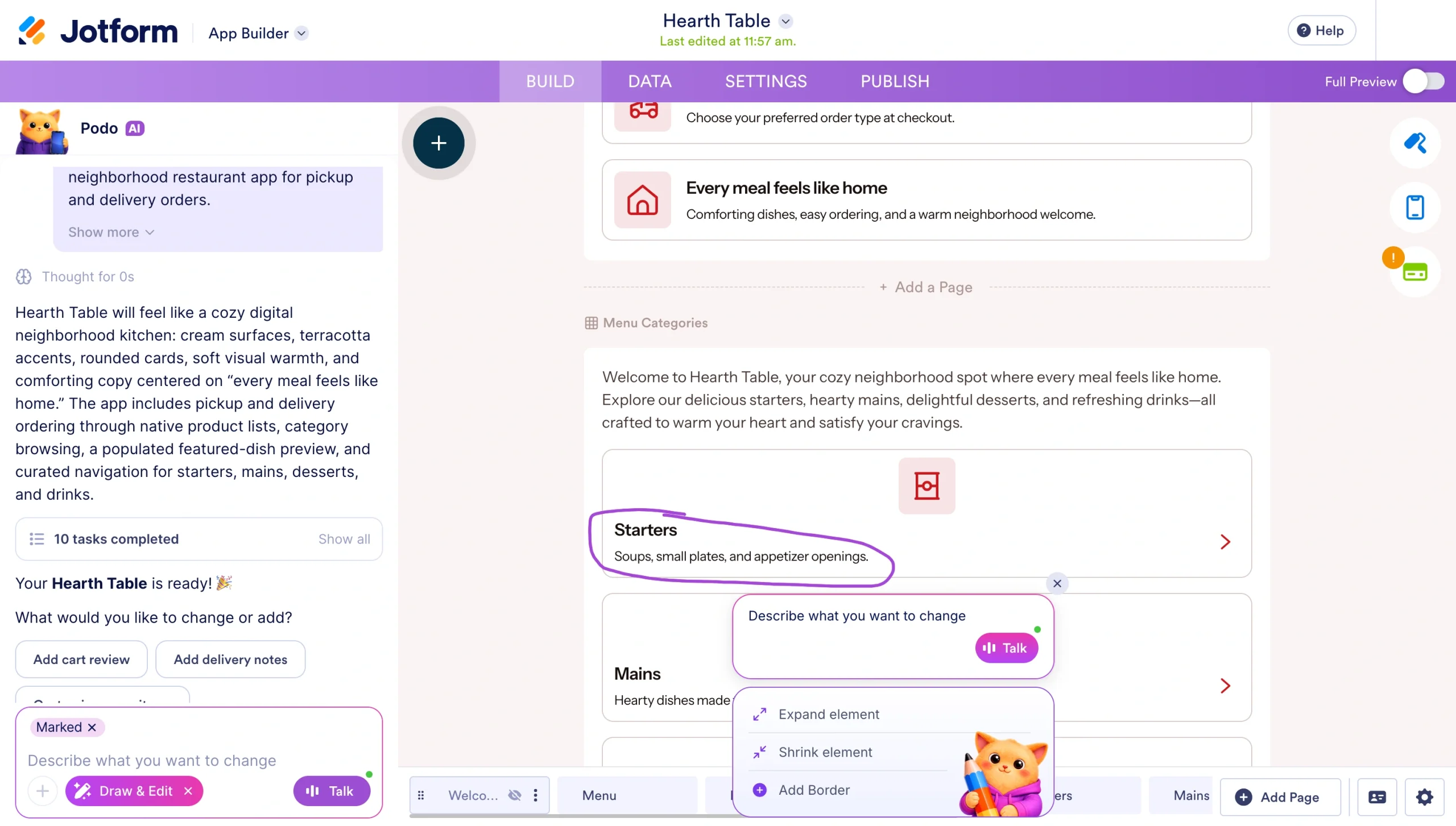 Jotform App Builder’s Draw & Edit tool highlighting a menu category for AI-assisted customization