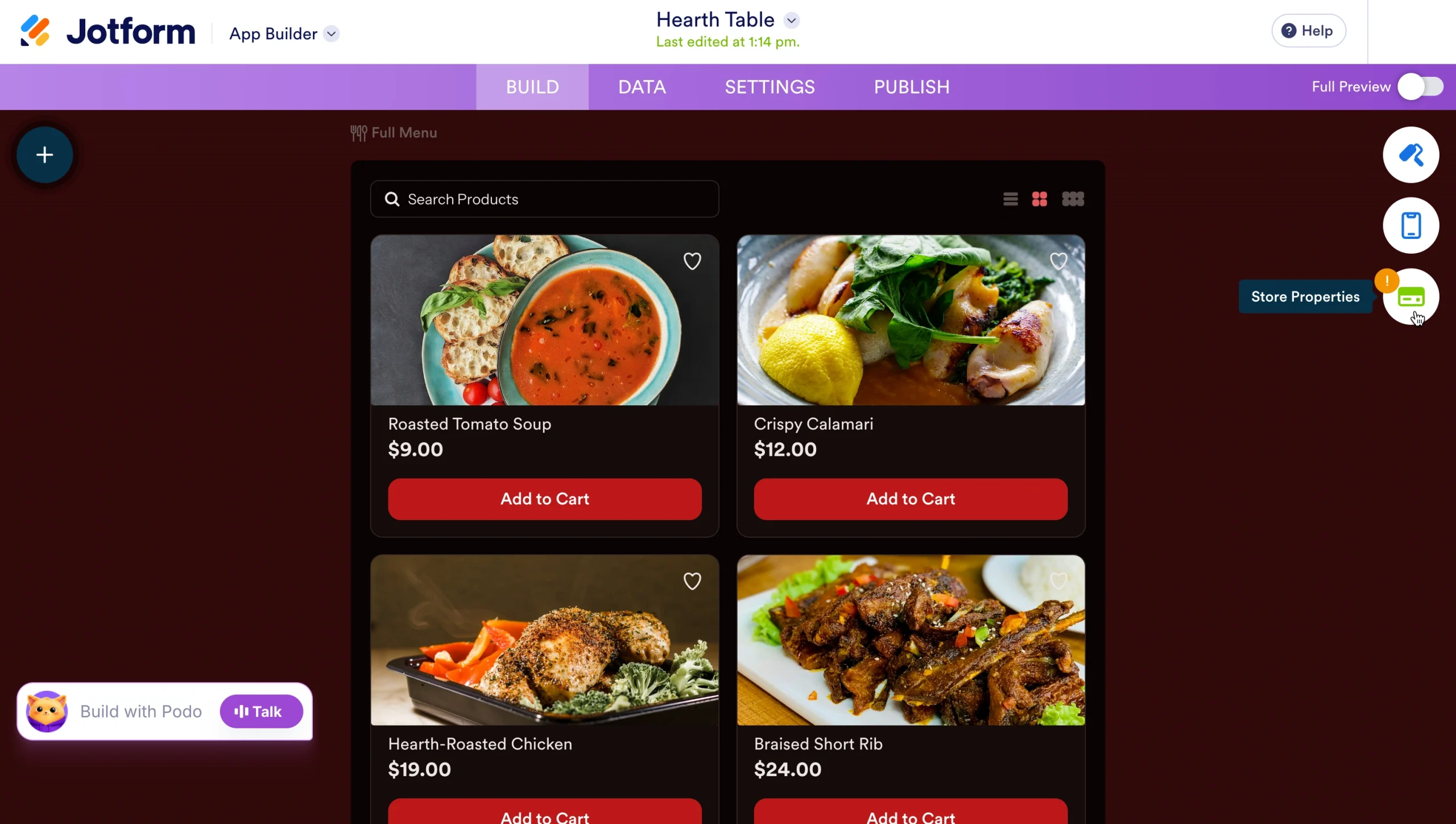 Restaurant store preview in Jotform App Builder, with the Store Properties button highlighted for adding payment options