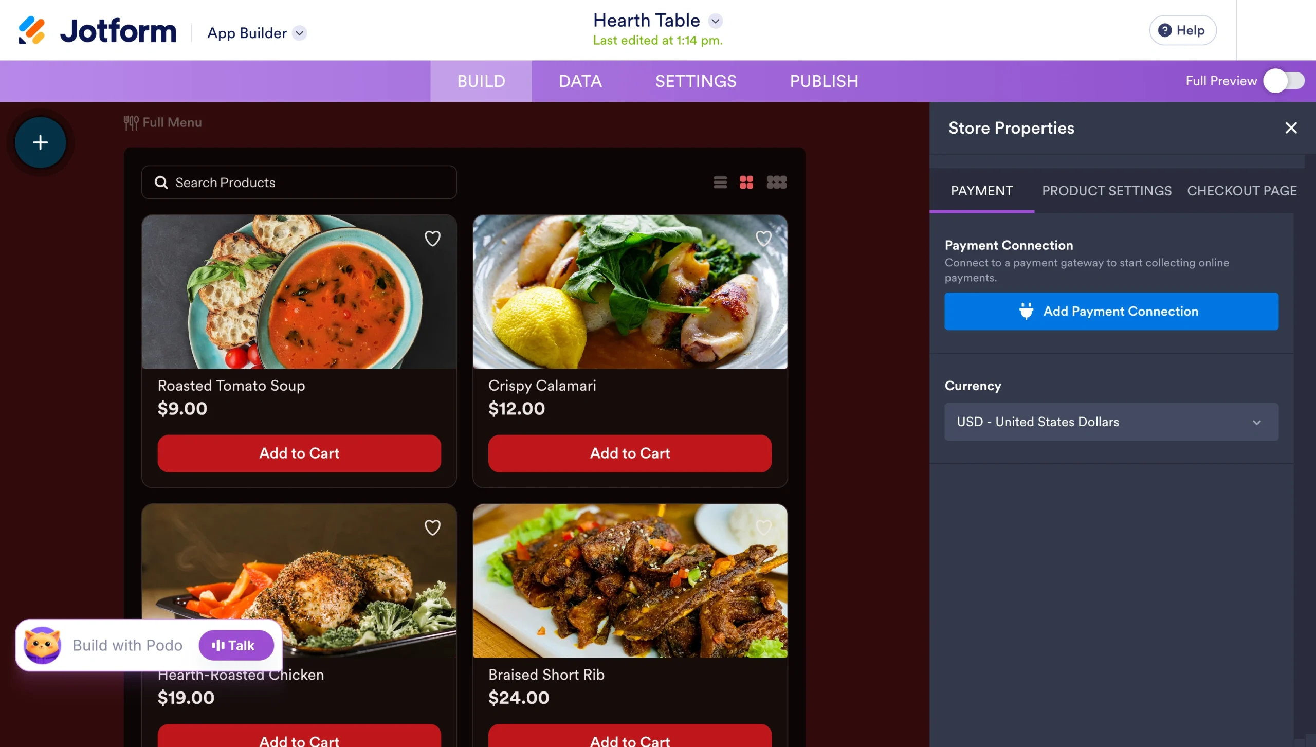 Jotform Store Properties panel showing options to connect a payment processor and select a currency