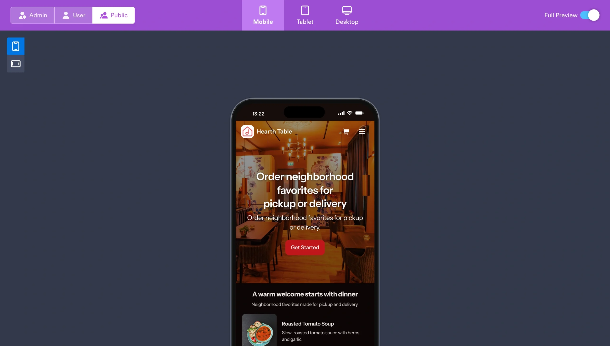 Mobile preview of a restaurant ordering app displayed in Jotform App Builder’s full preview mode