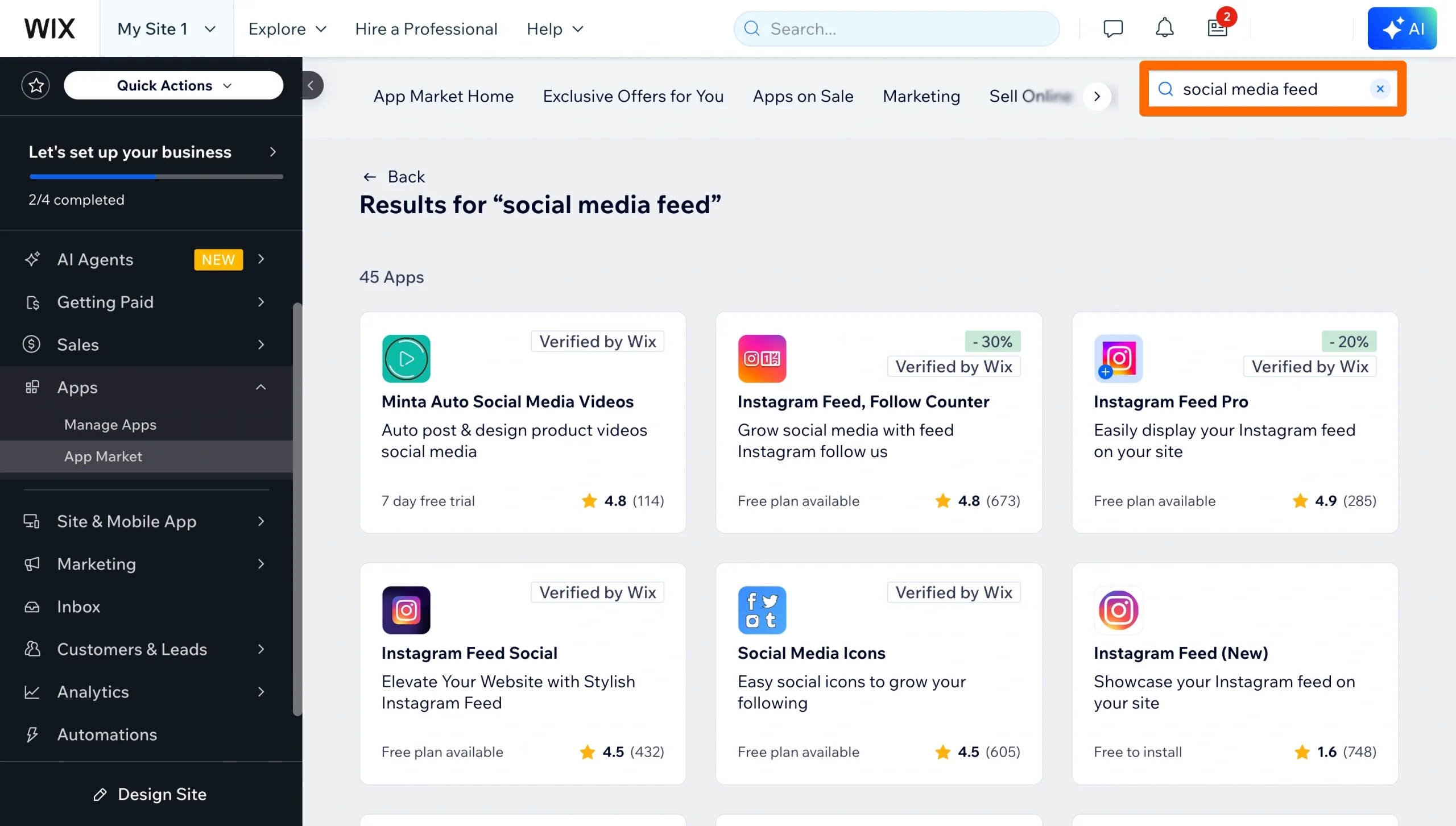 Wix App Market search results for “social media feed,” showing several social media integration apps and the search term highlighted in the search bar
