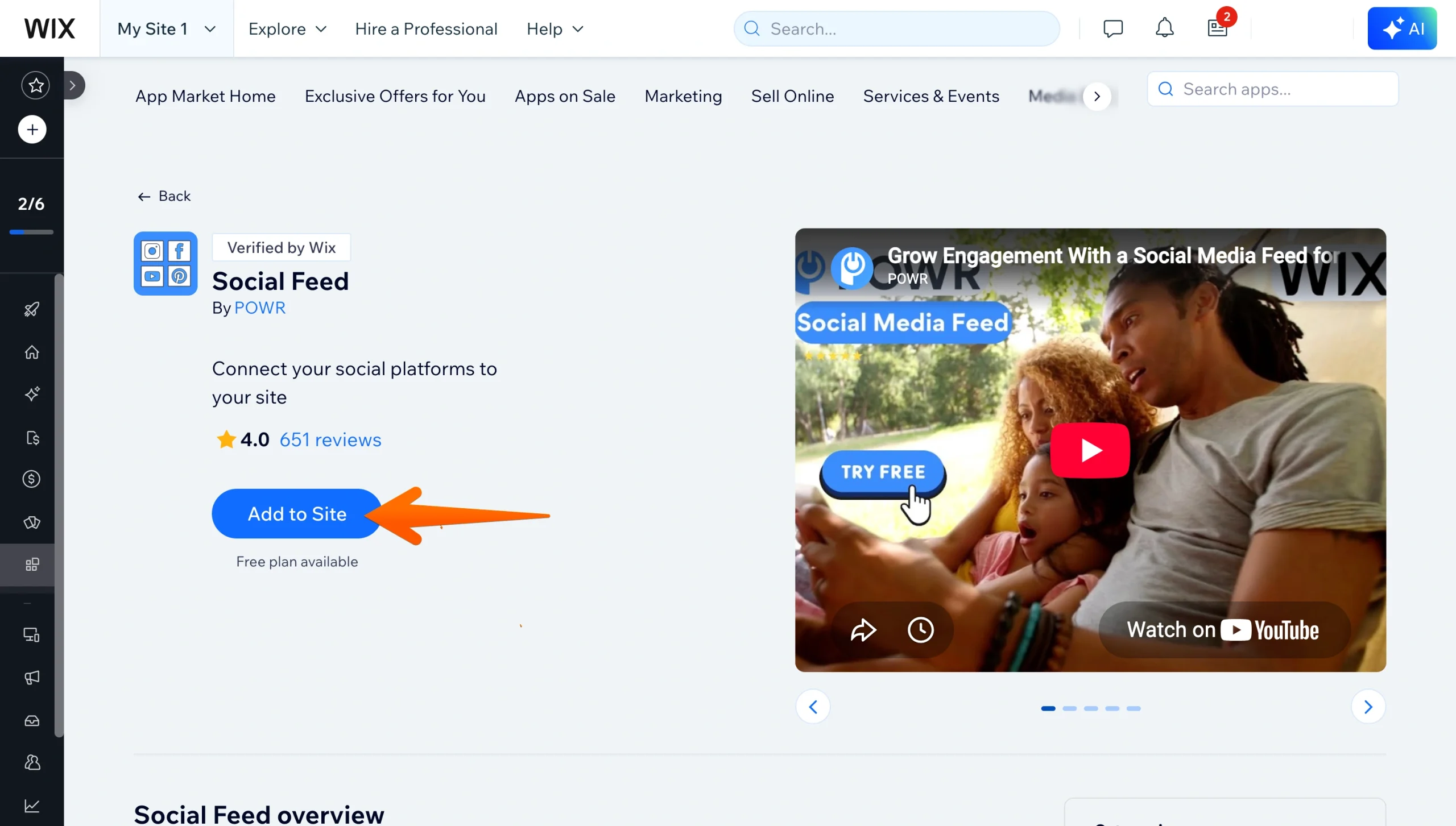 Wix Social Feed app details page showing the app rating, an “Add to Site” button highlighted with an orange arrow, and a preview video