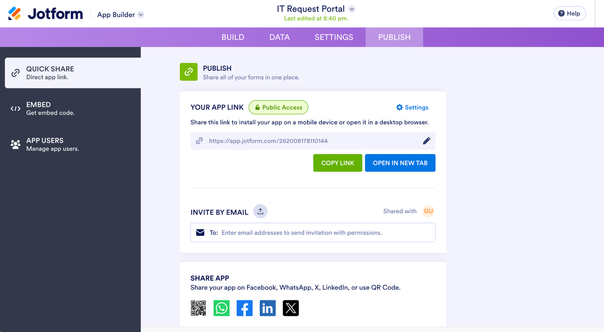 Jotform App Builder publish page showing the public app link and sharing options for the completed IT Request Portal