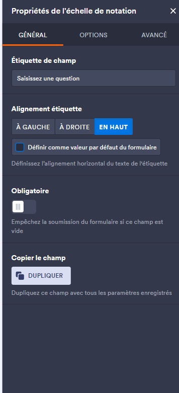 Capture d’écran des paramètres de l’onglet Général du volet Propriétés de l’échelle de notation dans le Générateur de formulaires Jotform
