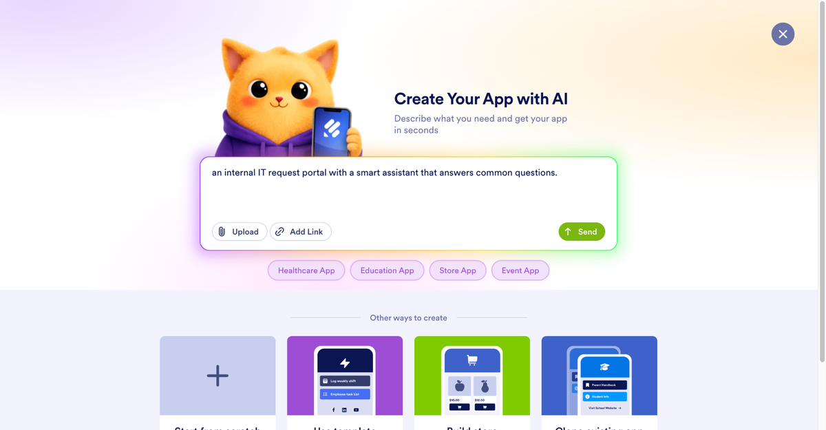 Jotform AI App Builder prompt screen showing a request to create an internal IT request portal with a smart assistant that answers common questions