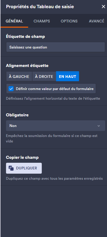 Capture d’écran de l’onglet Général du volet Propriétés du tableau de saisie dans le Générateur de formulaires Jotform