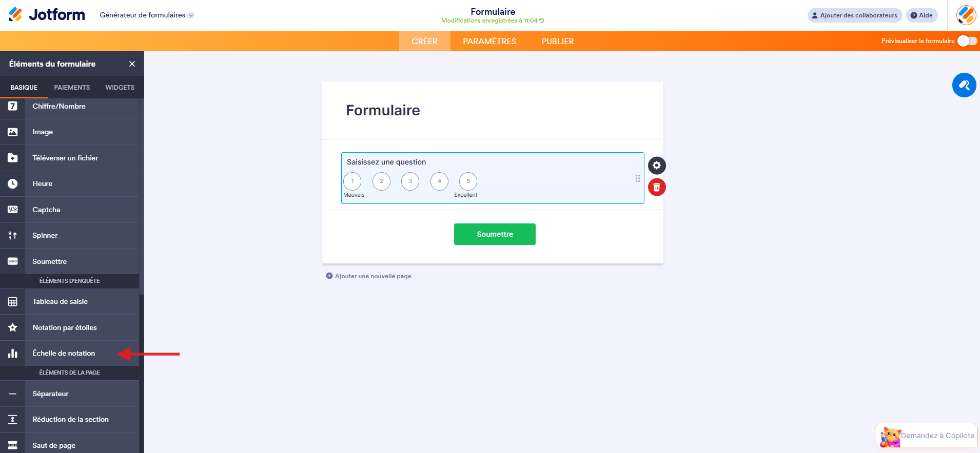 Capture d’écran des options du volet Éléments du formulaire dans le Générateur de formulaires Jotform avec une flèche vers Échelle de notation et cet élément ajouté au formulaire