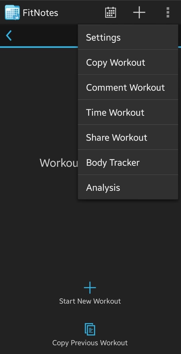 FitNotes App Main Screen Three-Dots Menu