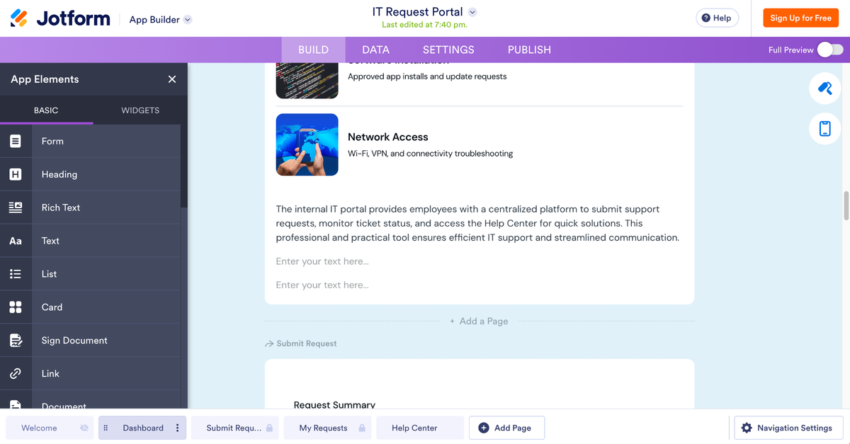 Jotform App Builder editor displaying the IT Request Portal with support content and page layout open for customization