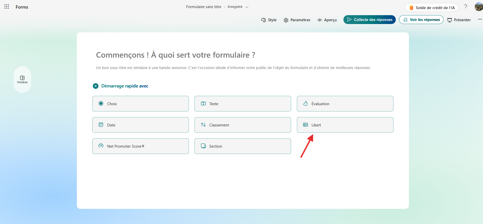 Capture d’écran des options de démarrage avec une flèche pointant vers Likert