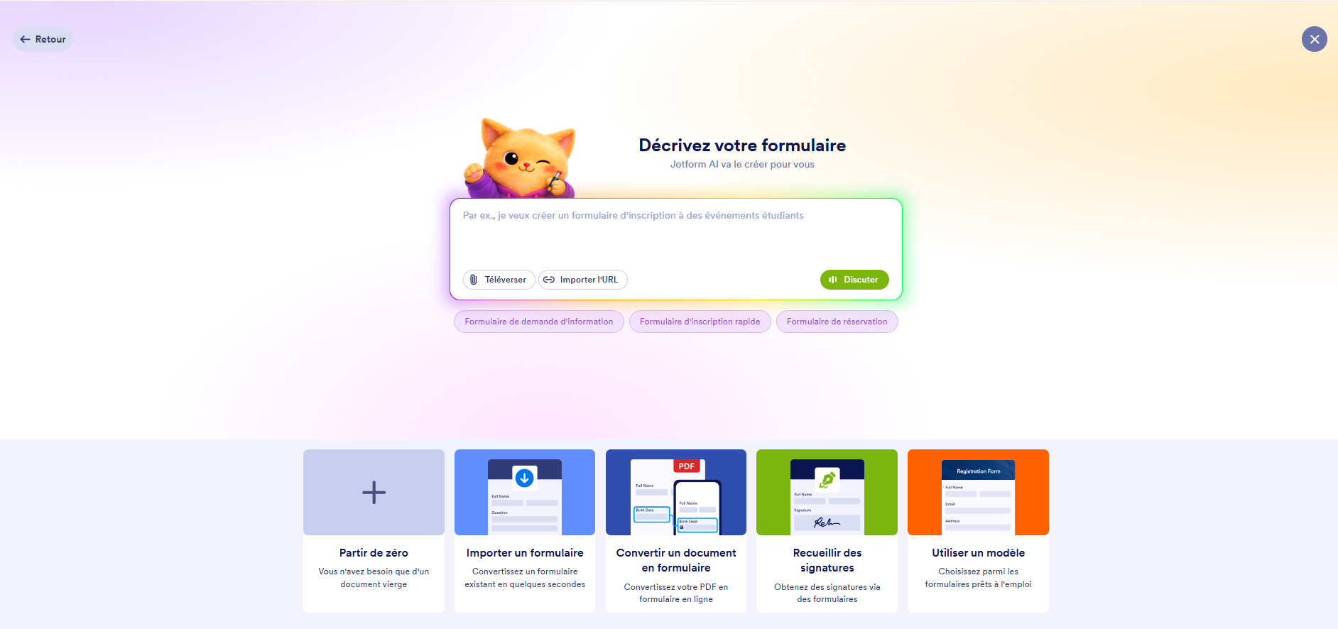 Capture d’écran des options pour créer un formulaire dans le Générateur de formulaires Jotform