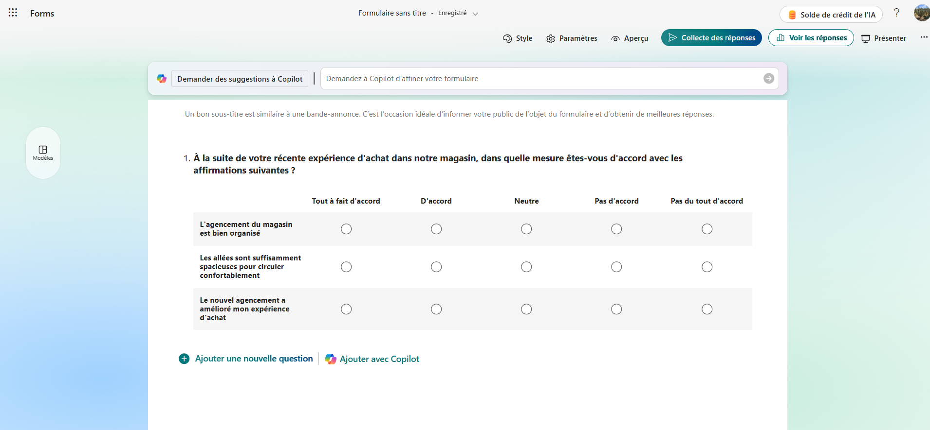 Capture d’écran de la première question avec les options de l’échelle de Likert