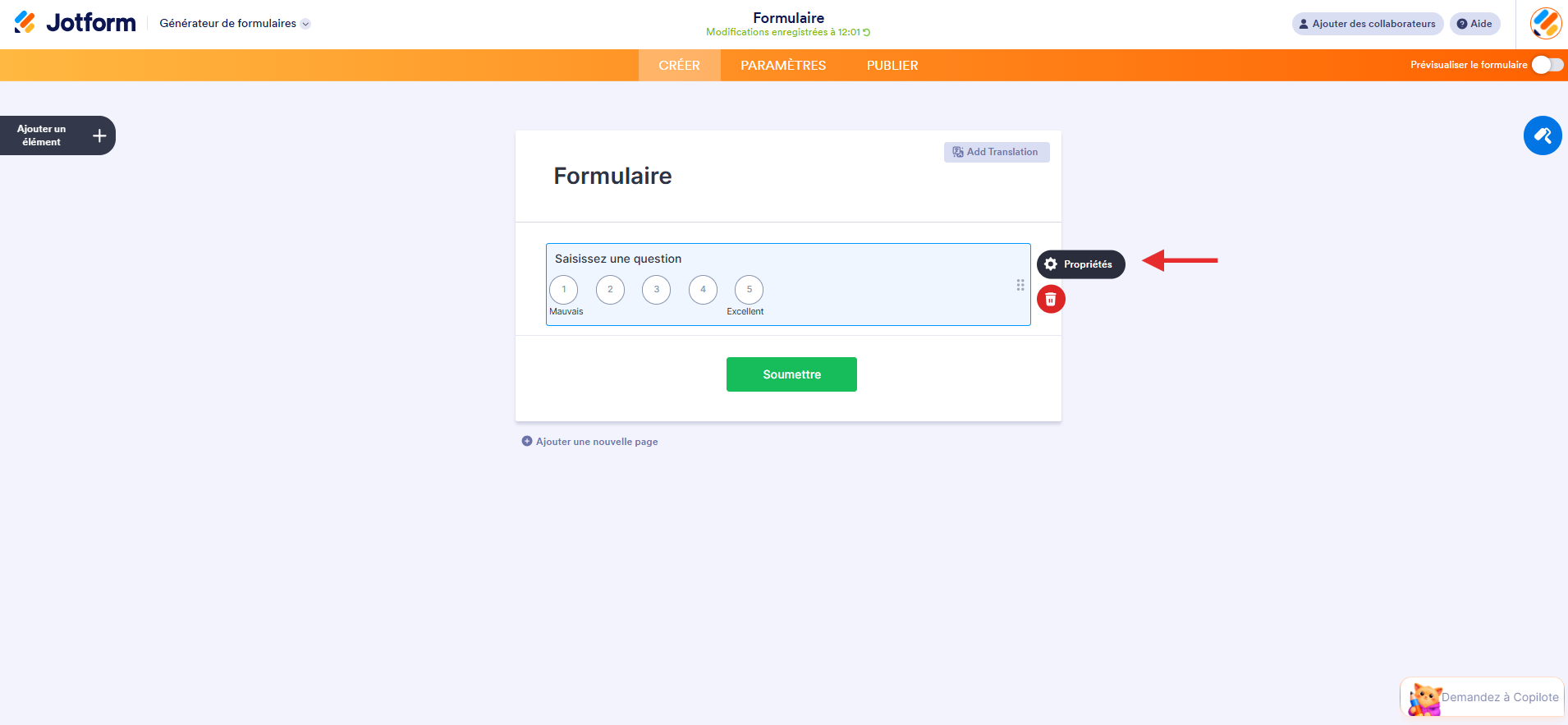 Capture d’écran de l’élément Échelle de notation dans le formulaire avec une flèche vers l’icône d’engrenage dans le Générateur de formulaires Jotform