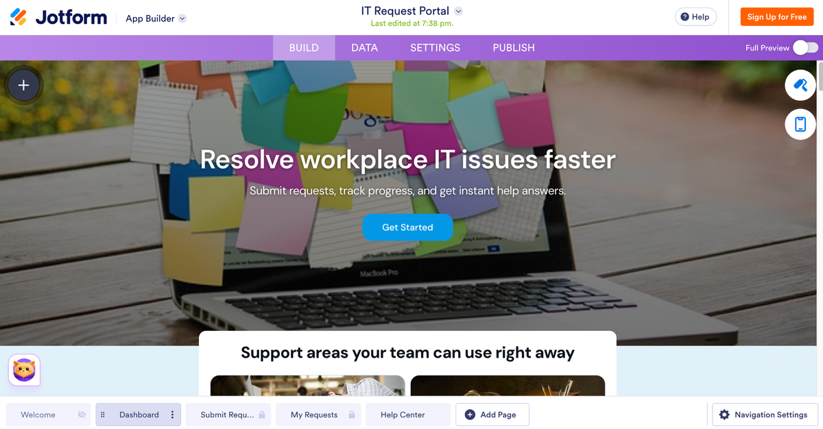 Completed IT Request Portal app showing the homepage with support categories, request submission, employee resources, and navigation pages