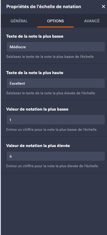 Capture d’écran des paramètres de l’onglet Options du volet Propriétés de l’échelle de notation dans le Générateur de formulaires Jotform