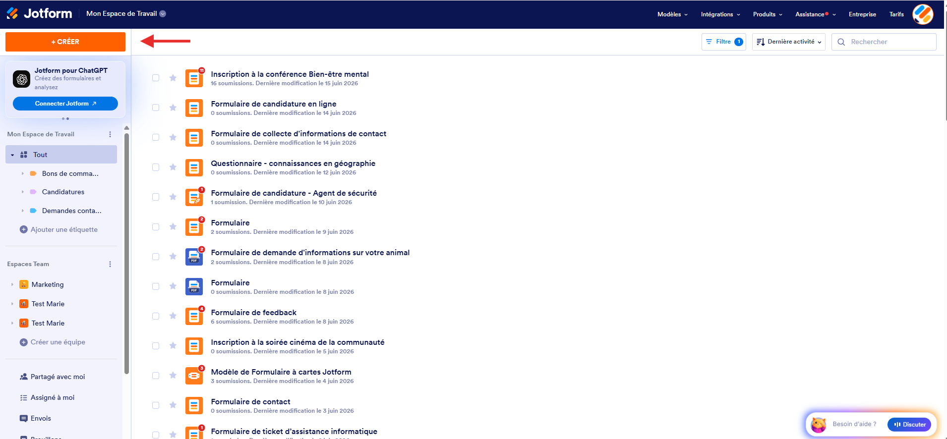 Capture d’écran de la page Mon Espace de Travail avec une flèche vers le bouton Créer dans le Générateur de formulaires Jotform